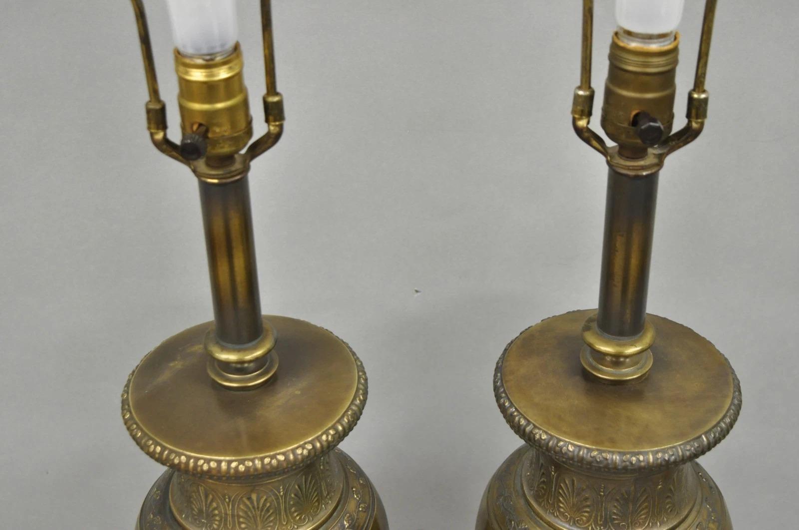 Vintage French Neoclassical Horse & Chariot Bronze Finish Urn Table Lamps a Pair For Sale 1