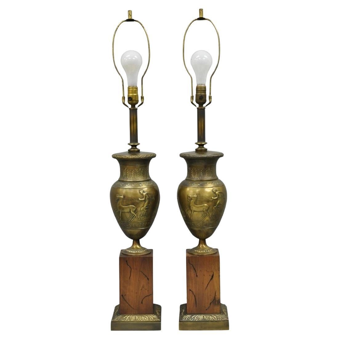 Vintage French Neoclassical Horse & Chariot Bronze Finish Urn Table Lamps a Pair For Sale