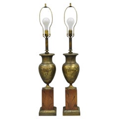 Vintage French Neoclassical Horse & Chariot Bronze Finish Urn Table Lamps a Pair