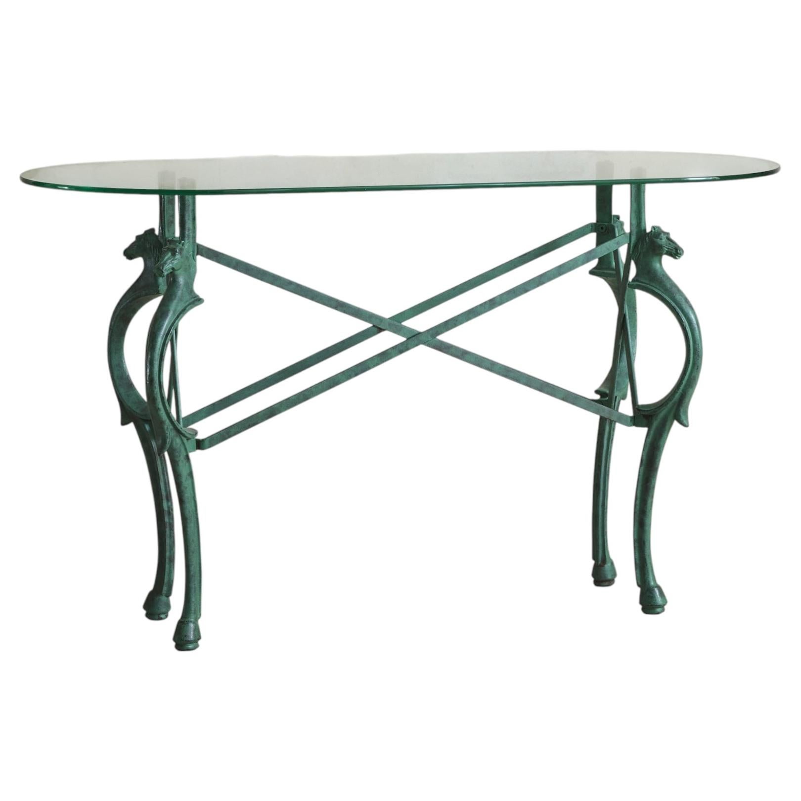 Vintage French Neoclassical Horse Motif Iron Console Table