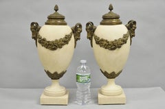 Vintage French Neoclassical Marble & Bronze Rams Head Urn Cassolettes - a Pair