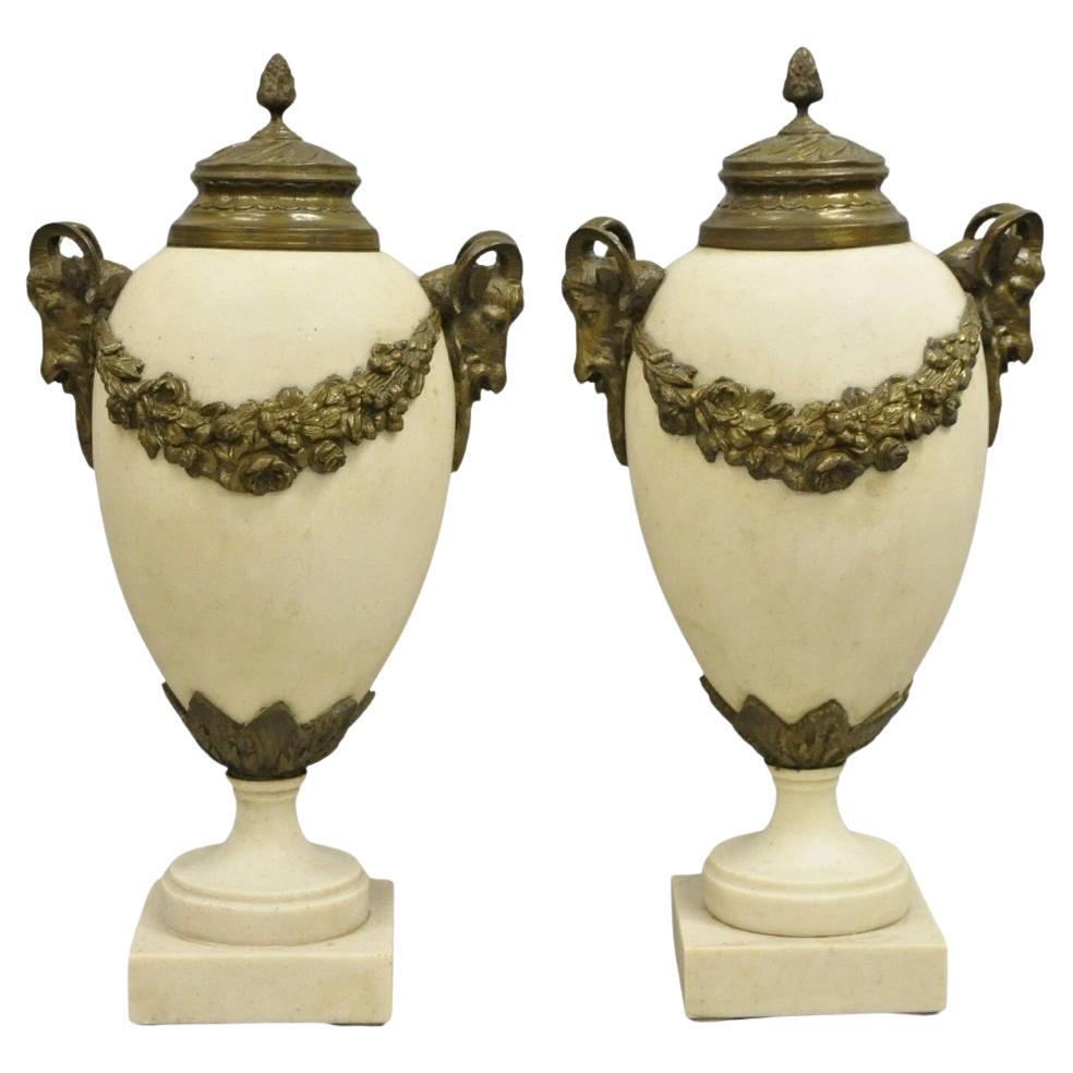 Vintage French Neoclassical Marble & Bronze Rams Head Urn Cassolettes - a Pair