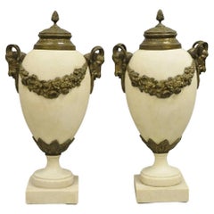 Vintage French Neoclassical Marble & Bronze Rams Head Urn Cassolettes - a Pair