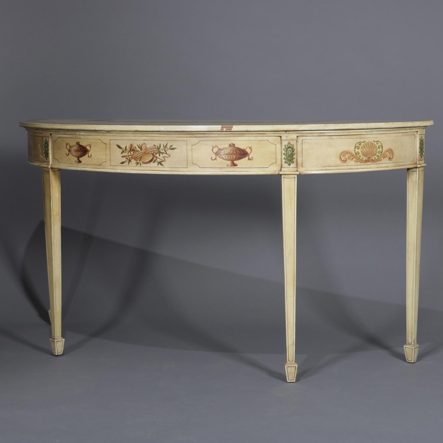 Vintage French Neoclassical Paint & Gilt Decorated Demilune Console Table 5
