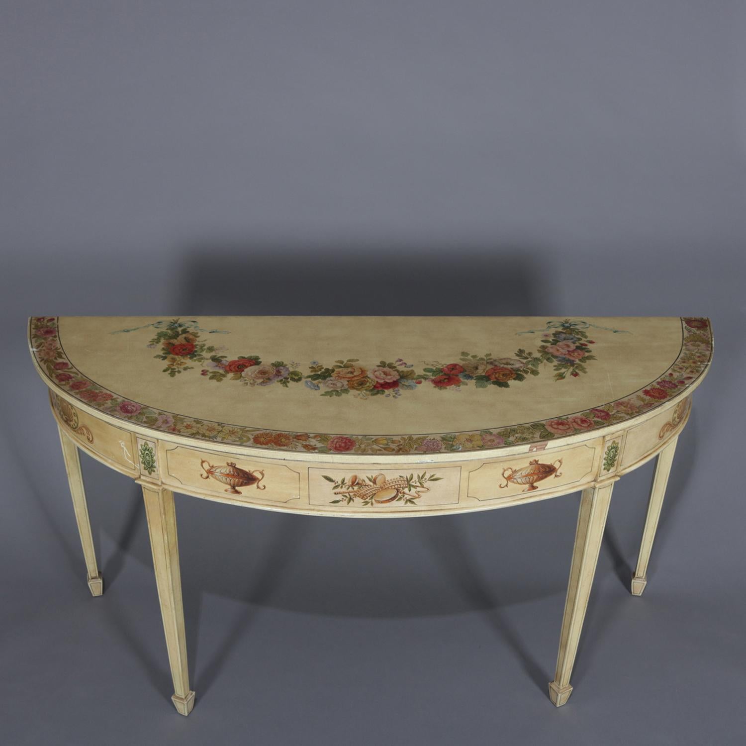 A vintage French neoclassical style demilune console table features antiqued demilune form having paint decorated top with floral swags surmounting paneled and decorated apron with reserves of floral, acanthus foliate, musical instruments and urns,