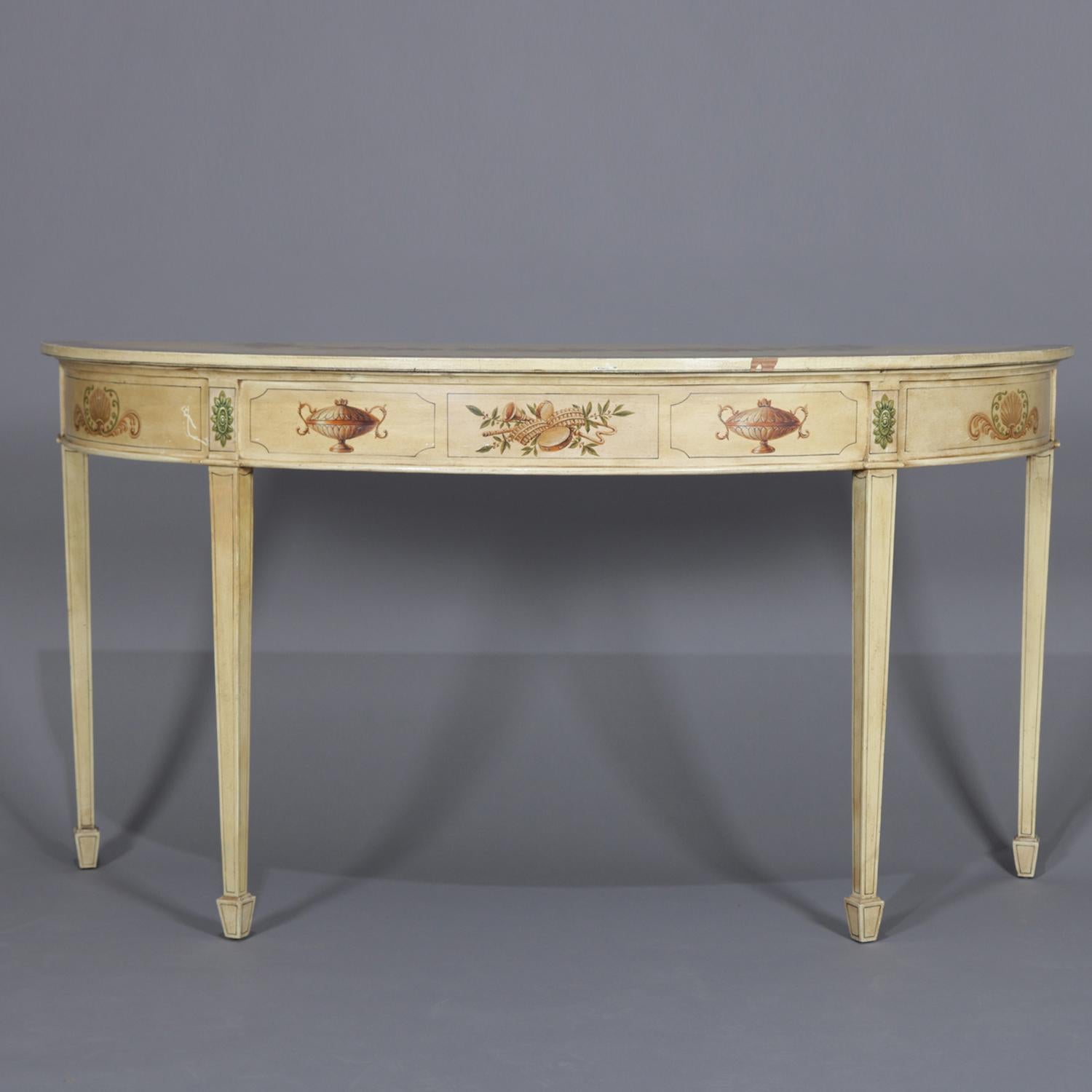 Carved Vintage French Neoclassical Paint & Gilt Decorated Demilune Console Table