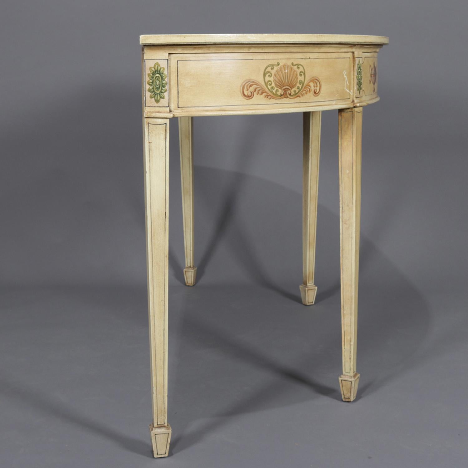 20th Century Vintage French Neoclassical Paint & Gilt Decorated Demilune Console Table