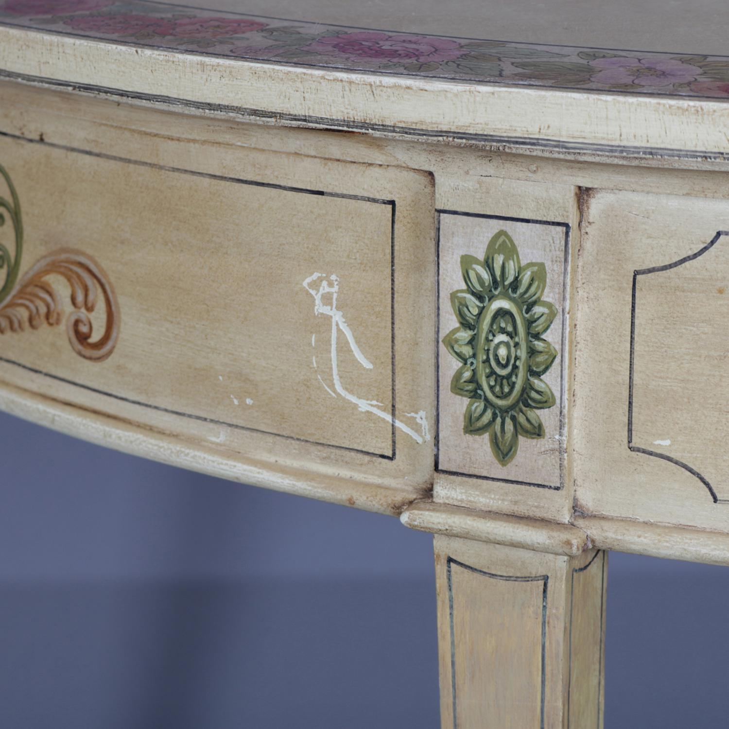 Vintage French Neoclassical Paint & Gilt Decorated Demilune Console Table 1