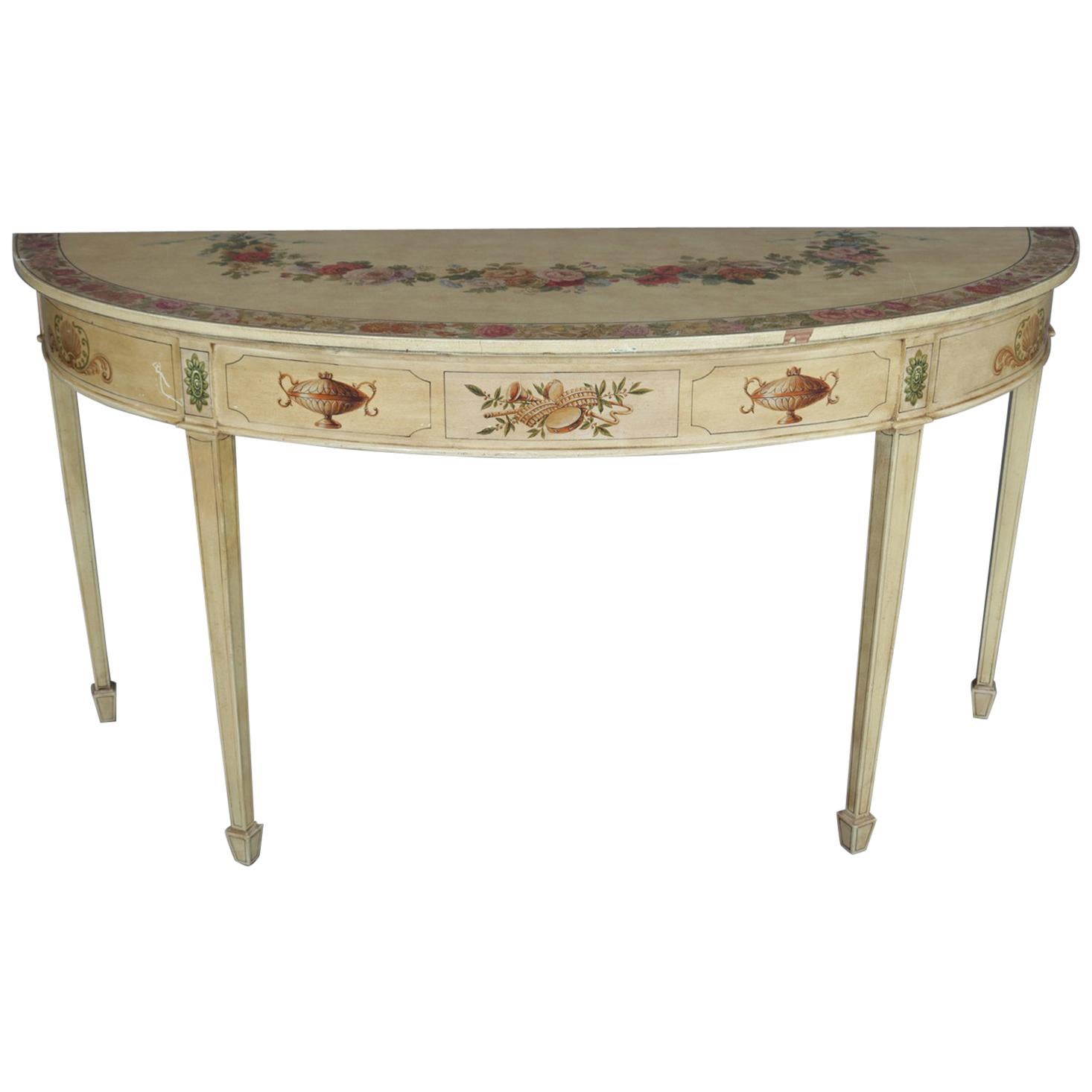 Vintage French Neoclassical Paint & Gilt Decorated Demilune Console Table