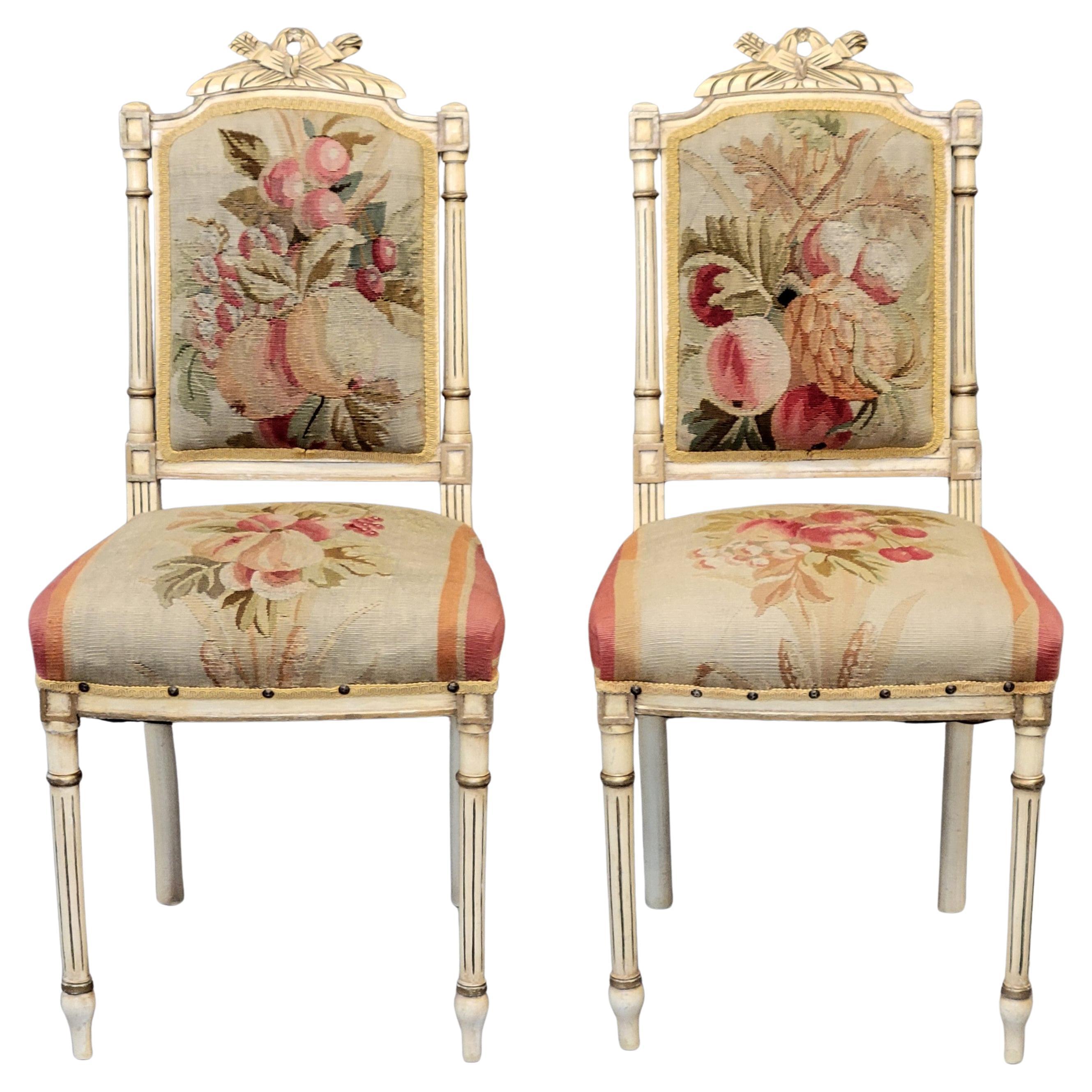Vintage French Neoclassical Style Chairs With Antique Tapestry Upholstery - a Pa