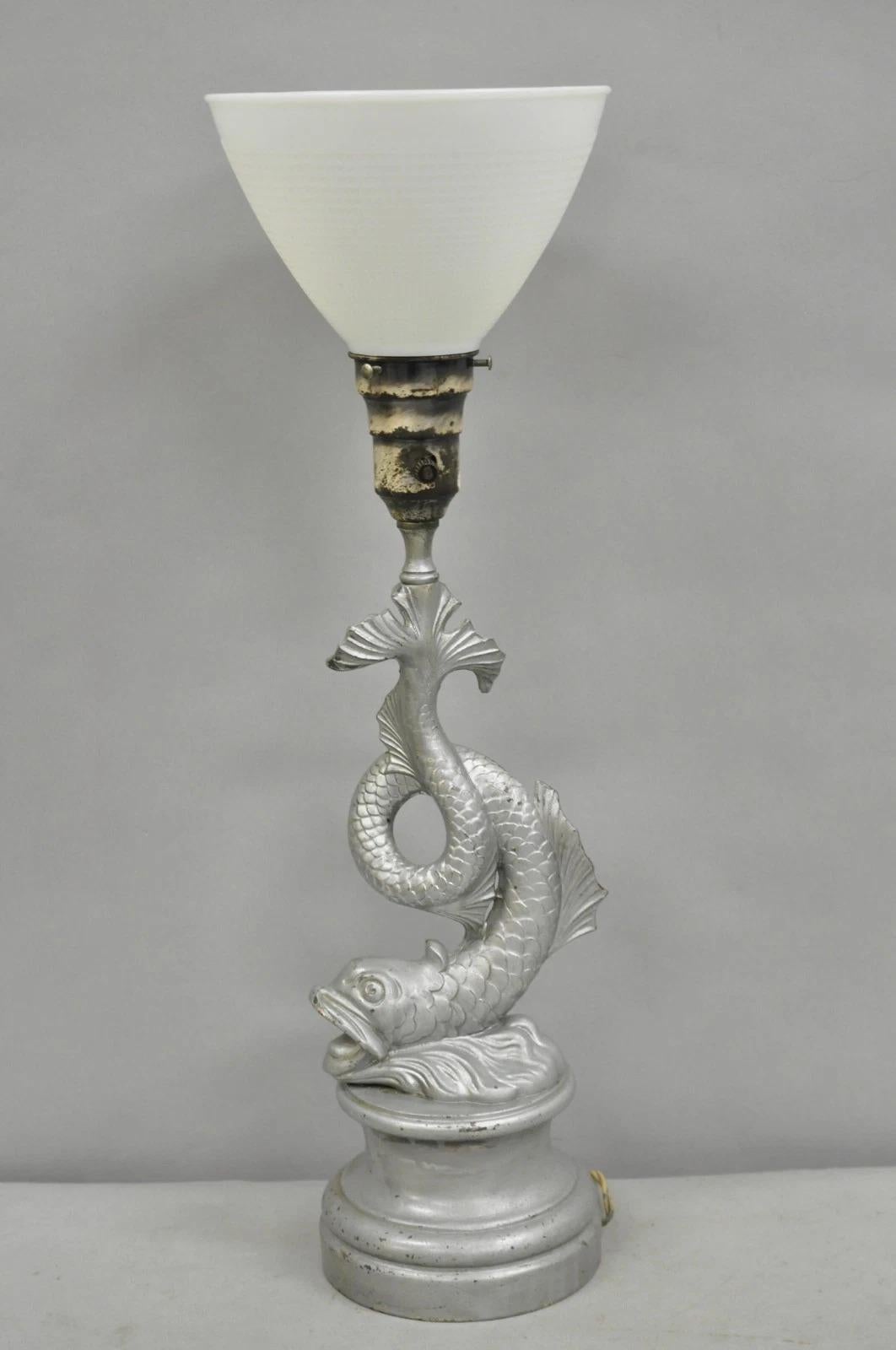 Vintage French Neoclassical Style Figural Gilt Metal Serpent Dolphin Table Lamp For Sale 7