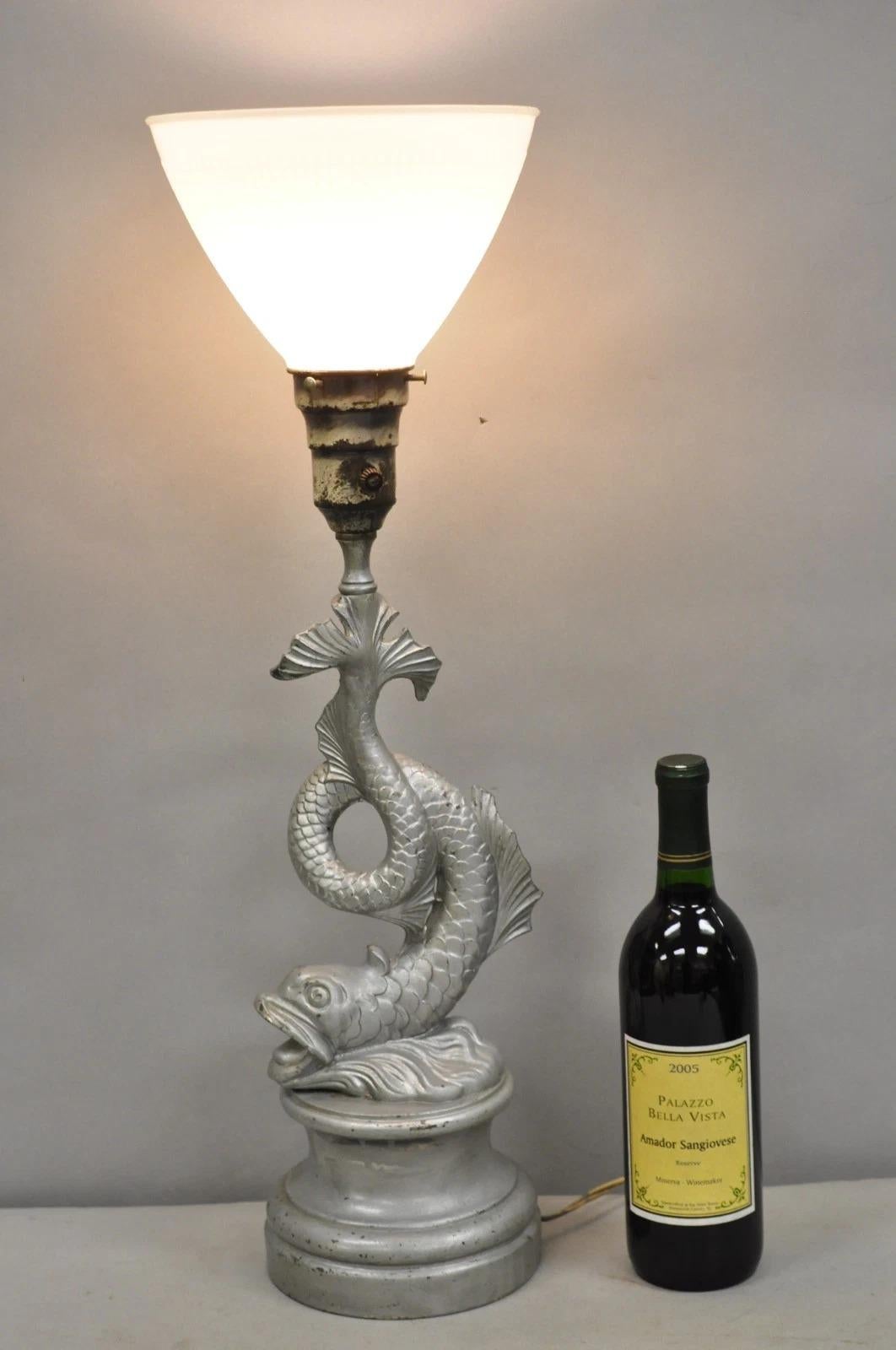 Vintage French Neoclassical Style Figural Gilt Metal Silver Painted Serpent Dolphin Table Lamp. Circa Early 20th Century. Measurements: 25