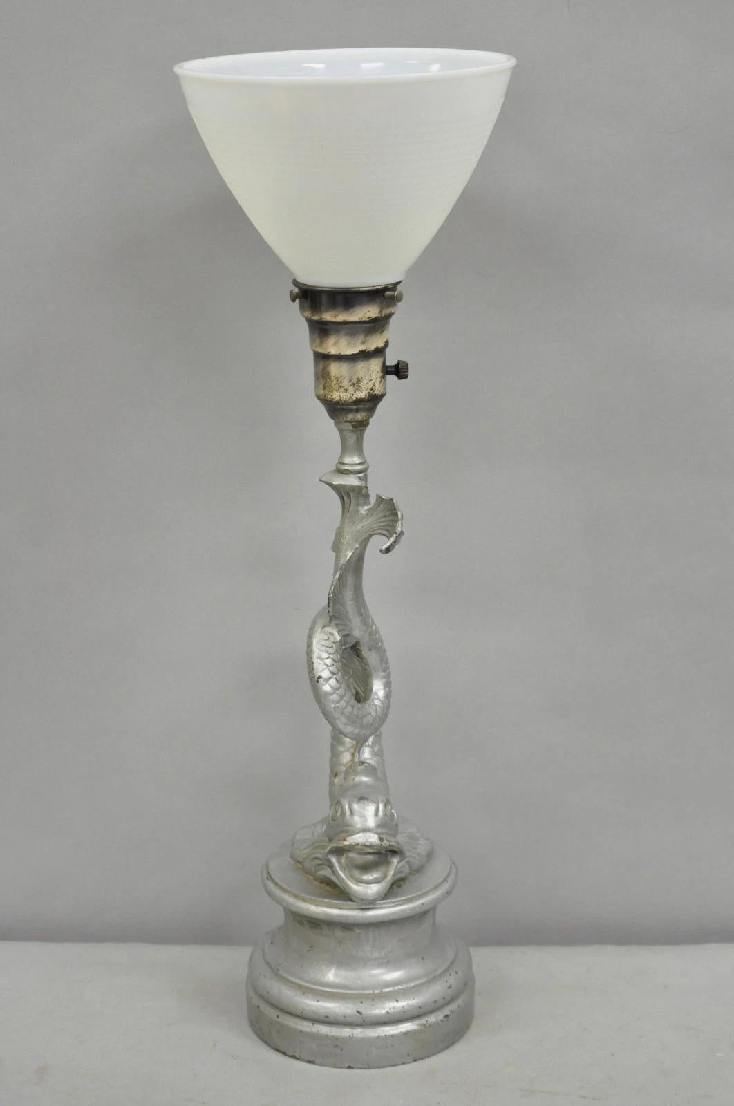Vintage French Neoclassical Style Figural Gilt Metal Serpent Dolphin Table Lamp In Fair Condition For Sale In Philadelphia, PA