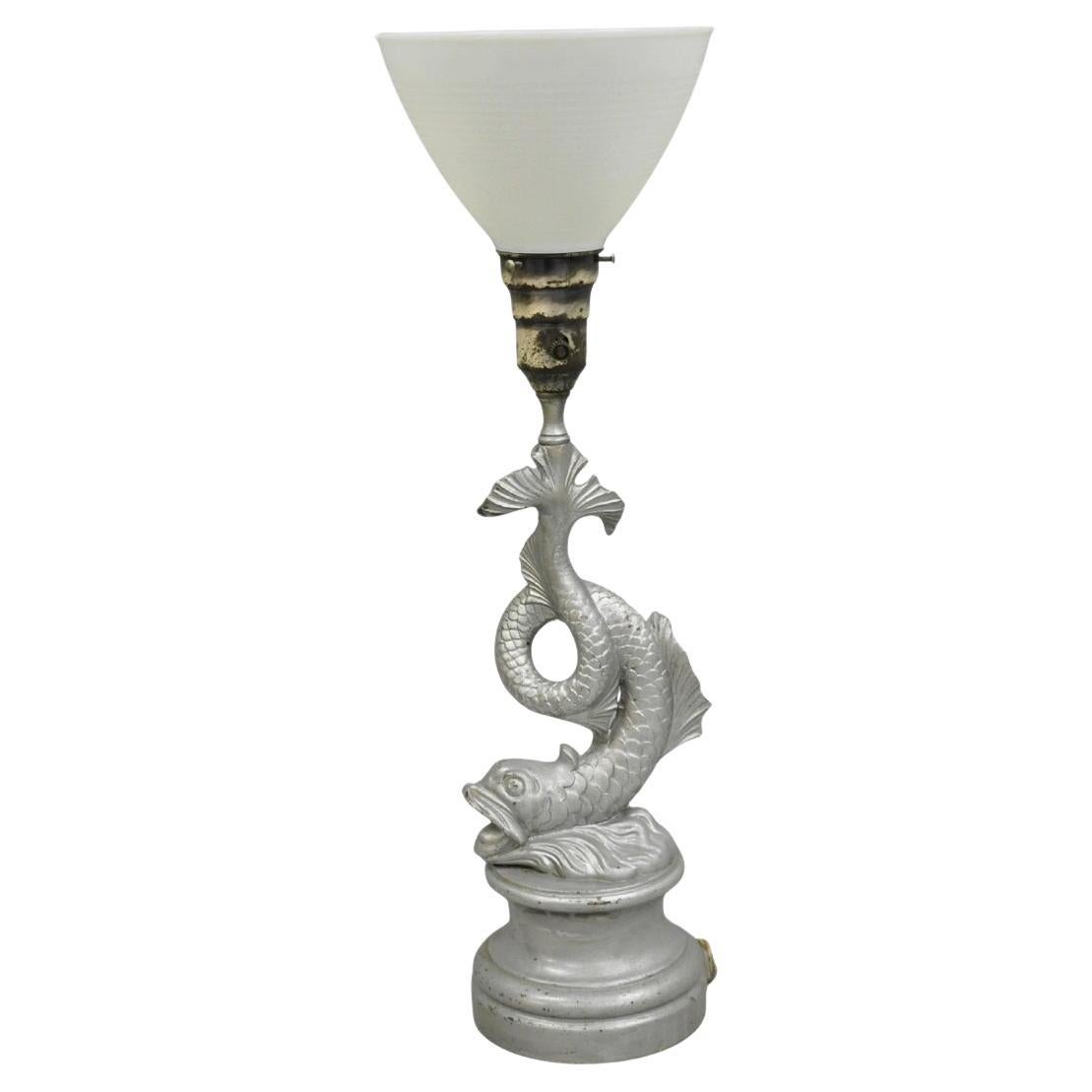 Vintage French Neoclassical Style Figural Gilt Metal Serpent Dolphin Table Lamp For Sale