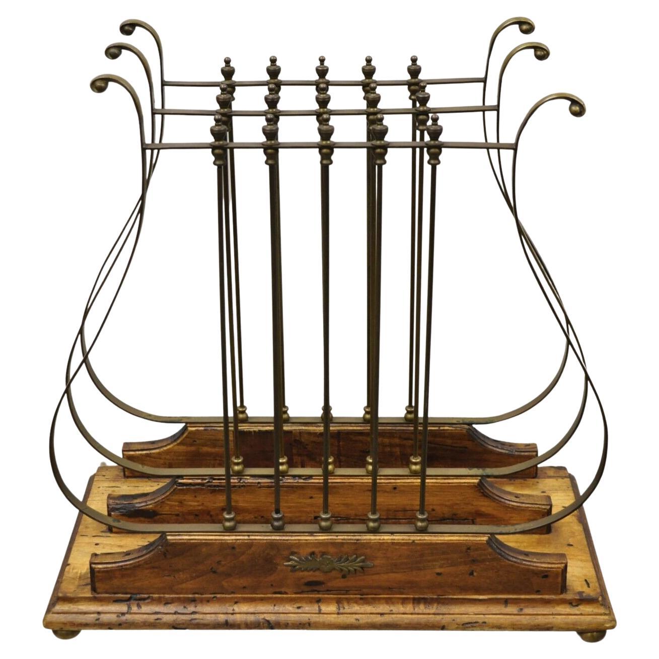 Vintage French Neoclassical Style Italian Brass Lyre Harp Magazine Rack For Sale