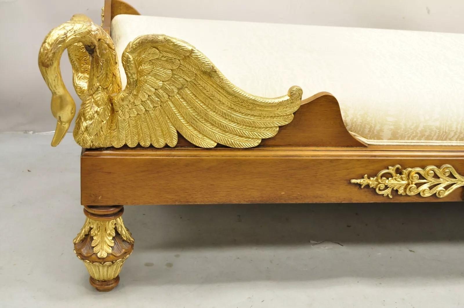 Vintage French Neoclassical Style Swan & Rams Head Recamier Daybed Chaise Lounge Sofa. Item features a large impressive form, gold gilt painted carved wood accents, beige fabric, great style and form. Circa Late 20th Century. Measurements: 36