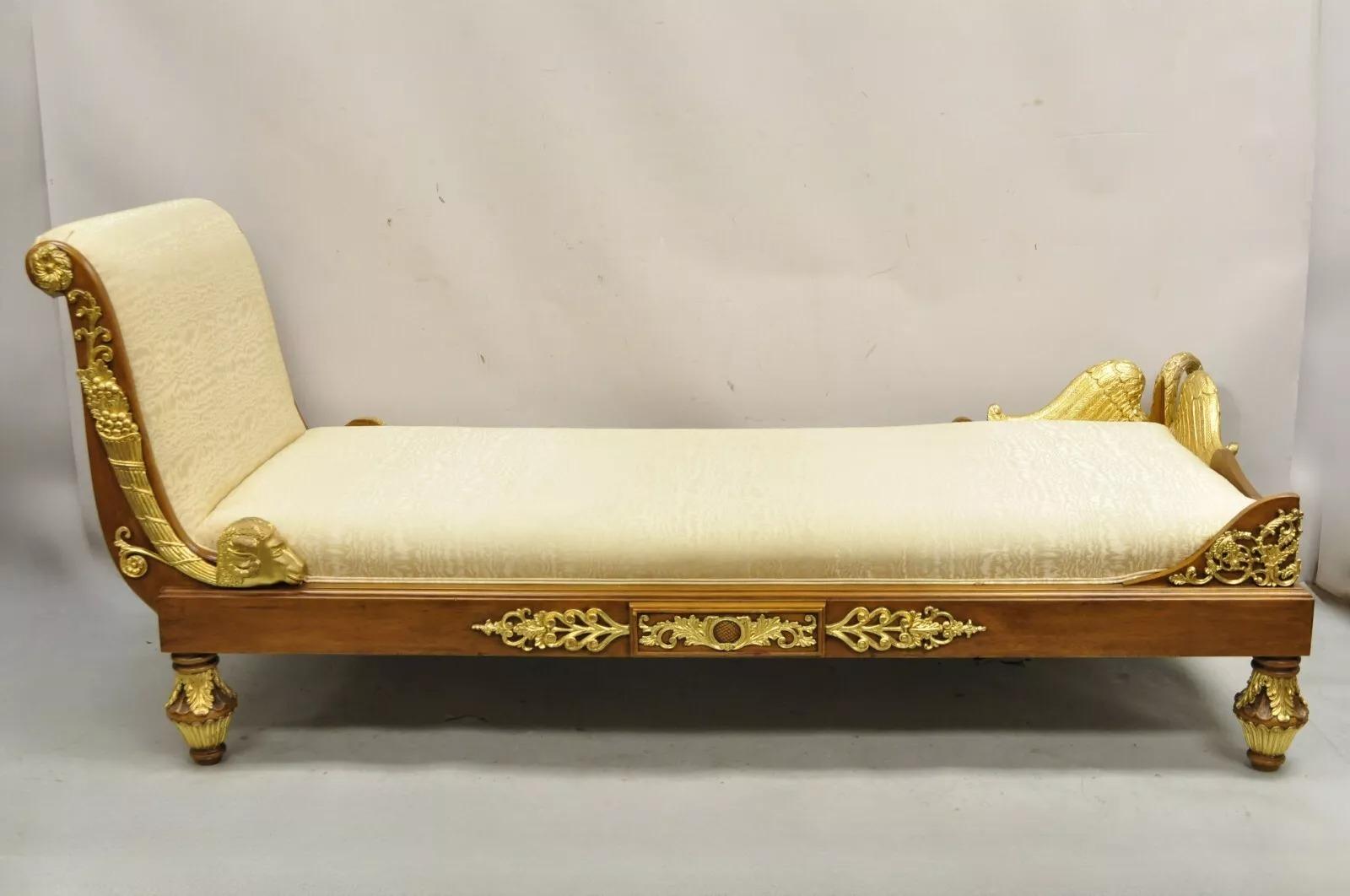 Vintage French Neoclassical Style Swan & Rams Recamier Daybed Chaise Lounge Sofa In Good Condition For Sale In Philadelphia, PA