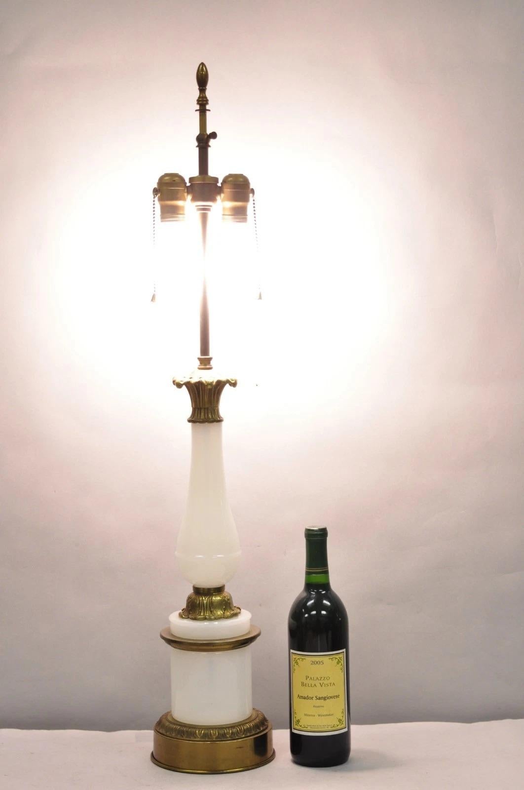 Vintage French Neoclassical Style White Opaline Glass Column Brass Table Lamp. Circa Mid 20th Century. Measurements: 34
