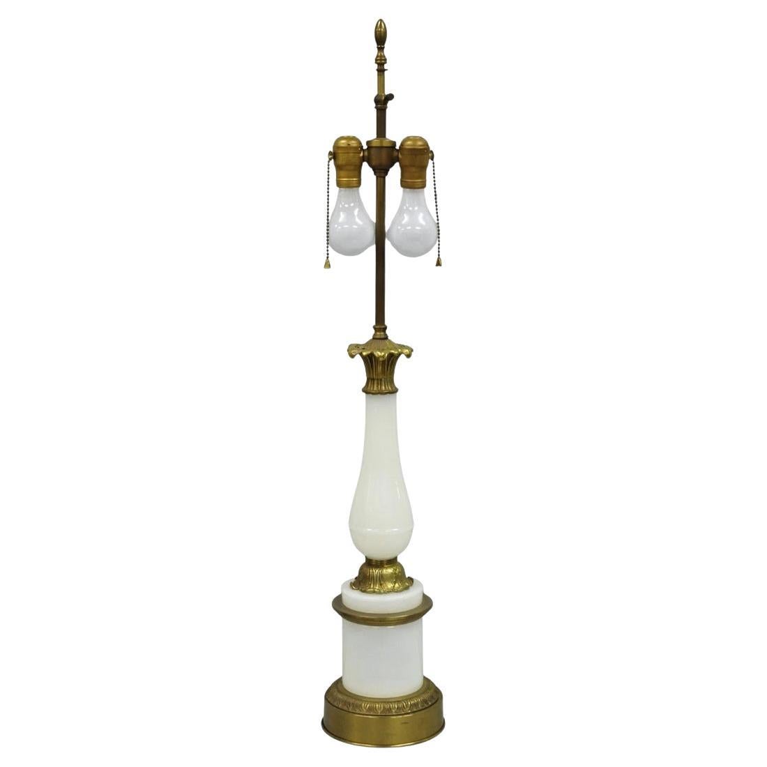 Vintage French Neoclassical Style White Opaline Glass Column Brass Table Lamp