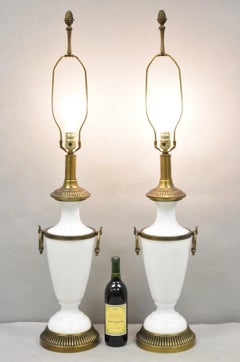 Vintage French Neoclassical White Milk Glass Urn Table Lamp by Paul Hanson, Pair