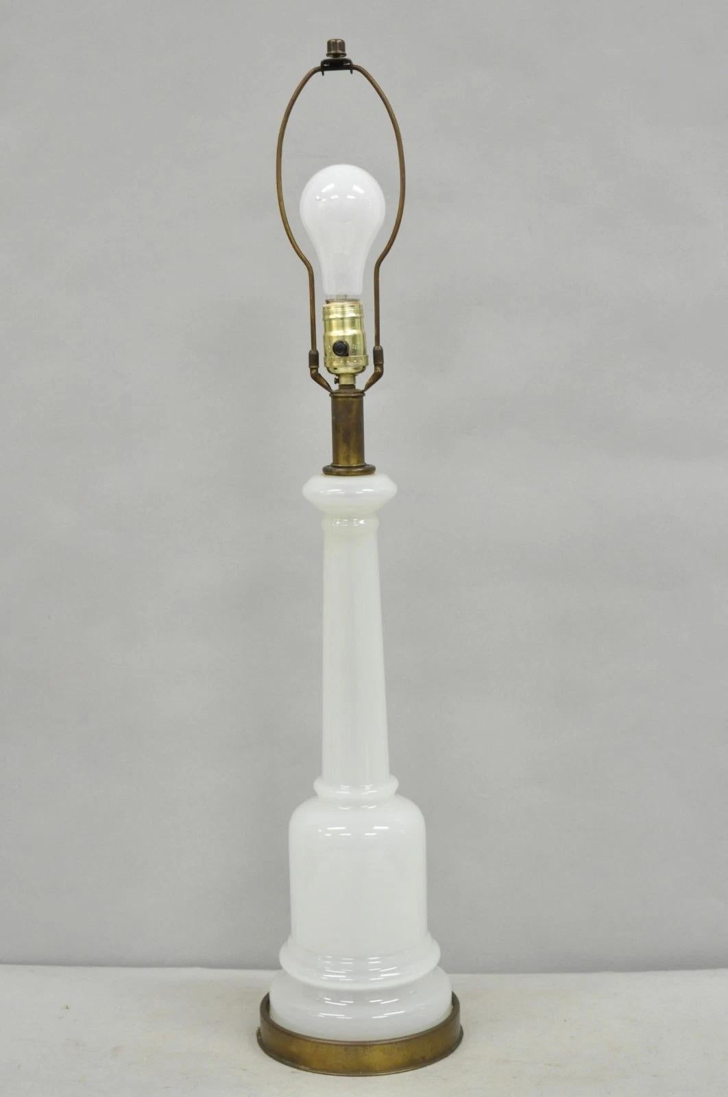 Vintage French Neoclassical White Opaline Glass Column Brass Mounted Table Lamp For Sale 6