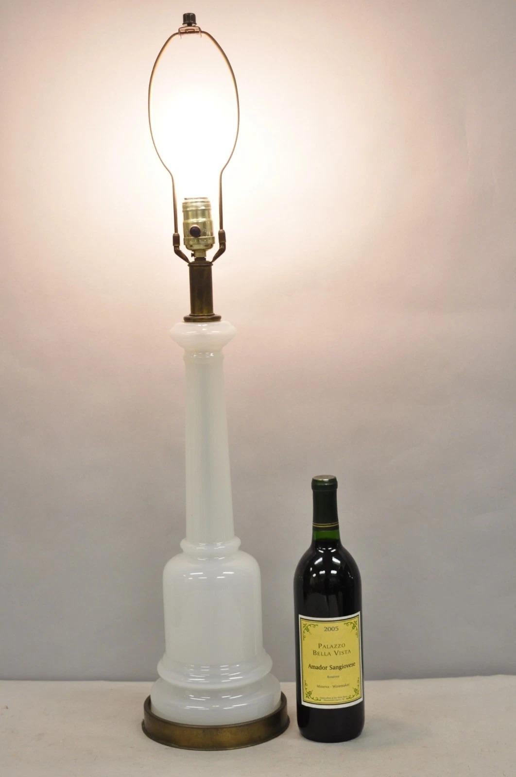 Vintage French Neoclassical Style White Opaline Glass Column Brass Mounted Table Lamp. Circa Mid 20th Century. Measurements: 32