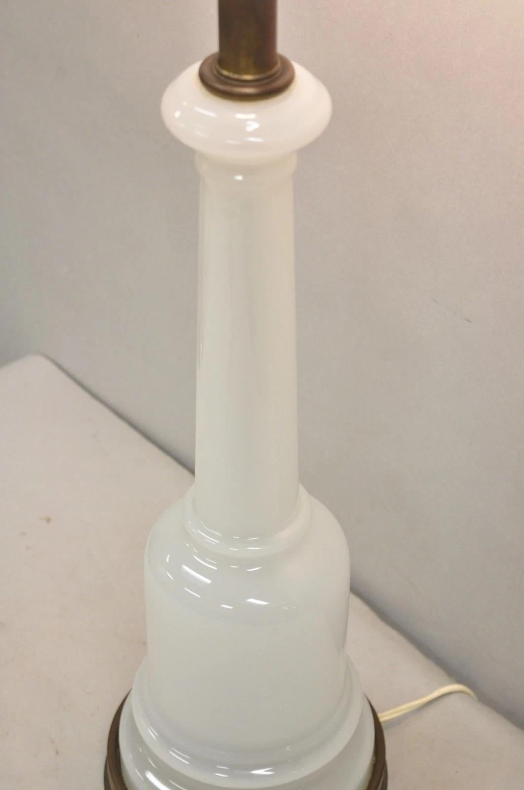 Unknown Vintage French Neoclassical White Opaline Glass Column Brass Mounted Table Lamp For Sale