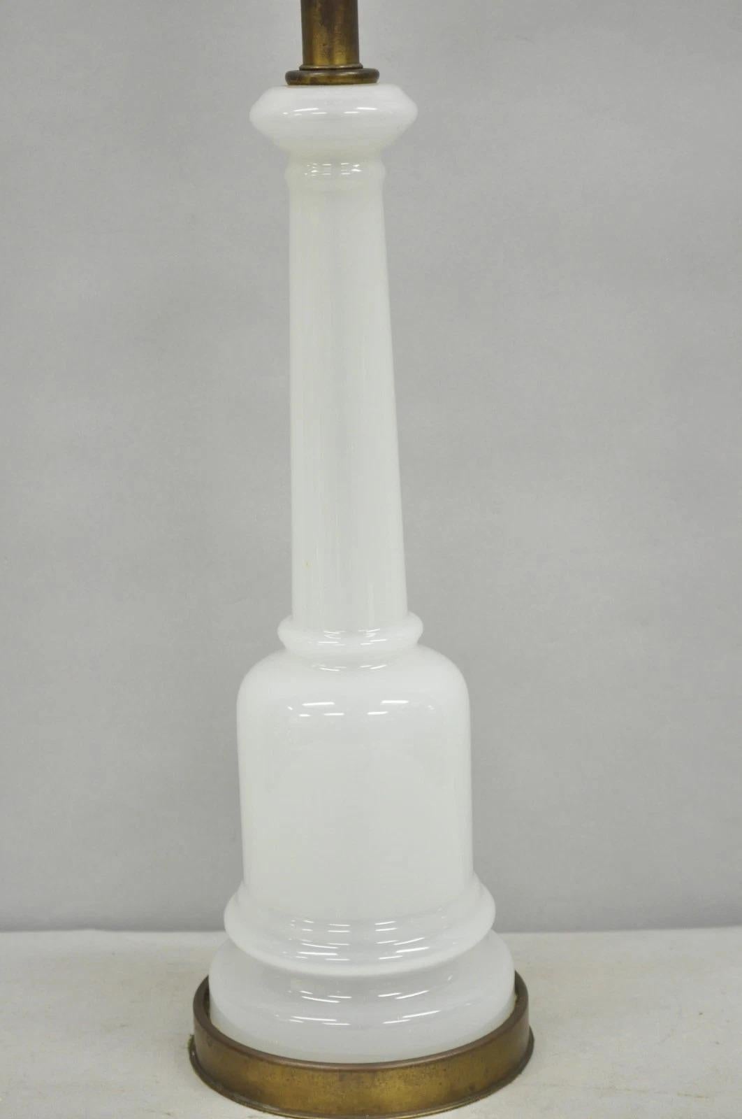 Vintage French Neoclassical White Opaline Glass Column Brass Mounted Table Lamp In Good Condition For Sale In Philadelphia, PA