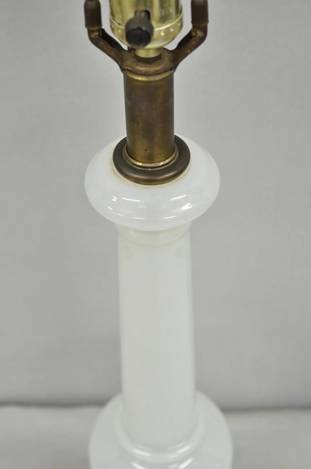 20th Century Vintage French Neoclassical White Opaline Glass Column Brass Mounted Table Lamp For Sale