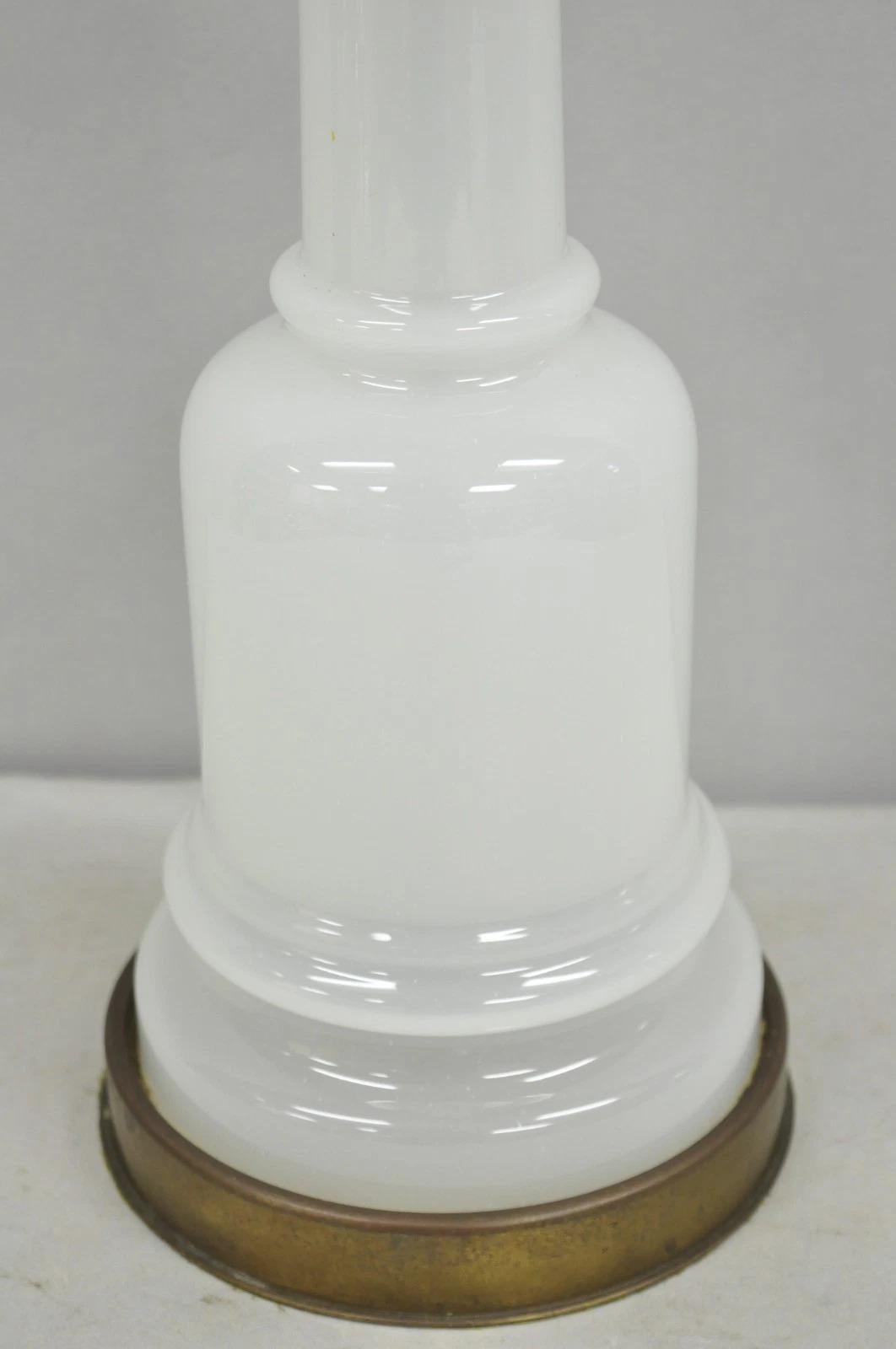 Vintage French Neoclassical White Opaline Glass Column Brass Mounted Table Lamp For Sale 1