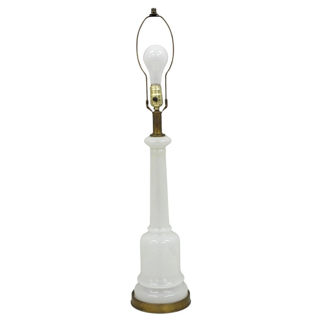 Vintage French Neoclassical White Opaline Glass Column Brass Mounted Table Lamp For Sale