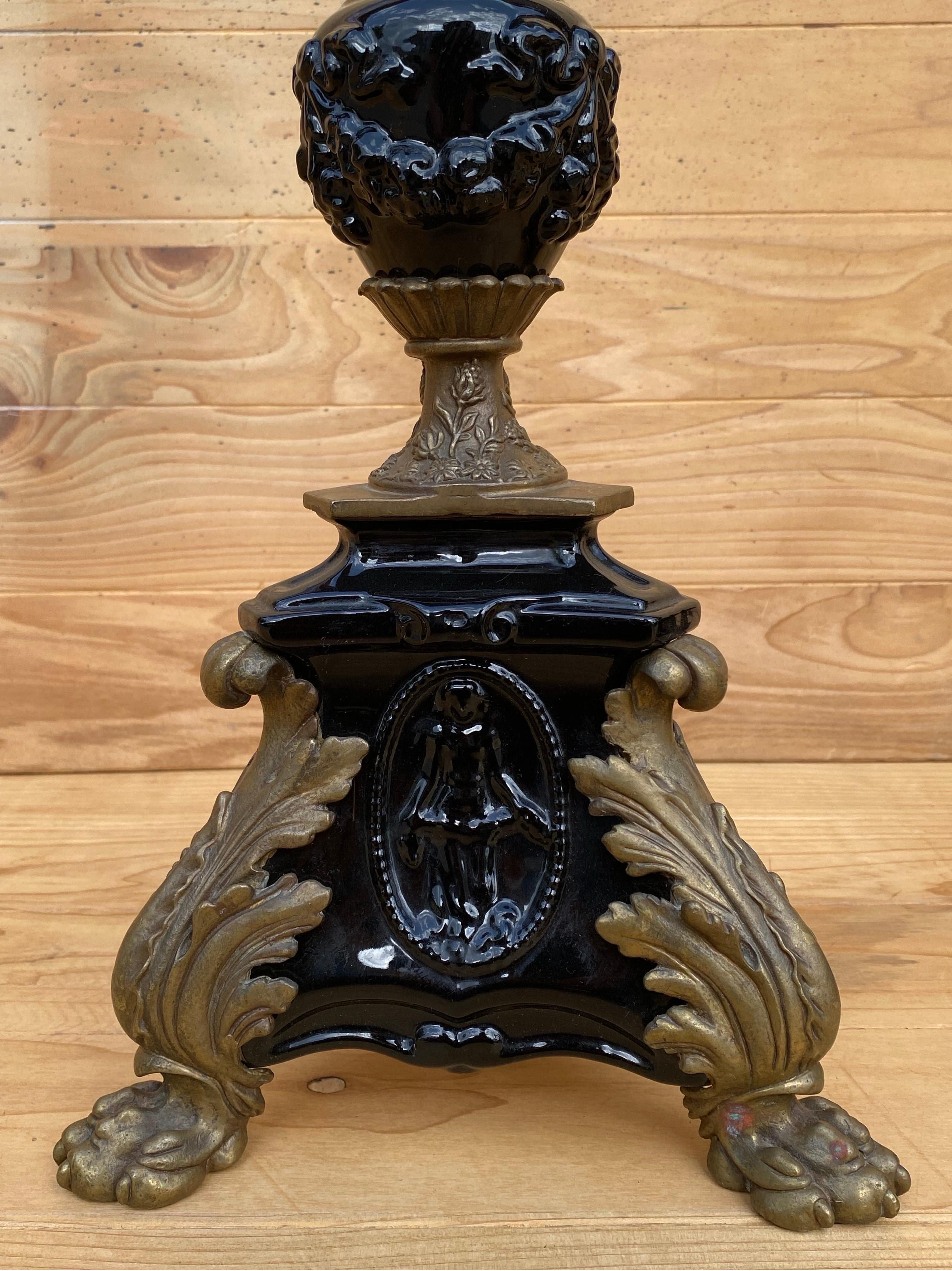 Gothic Vintage French Neogothic Altar Torchère Candlestick Set w/ Black Porcelain For Sale