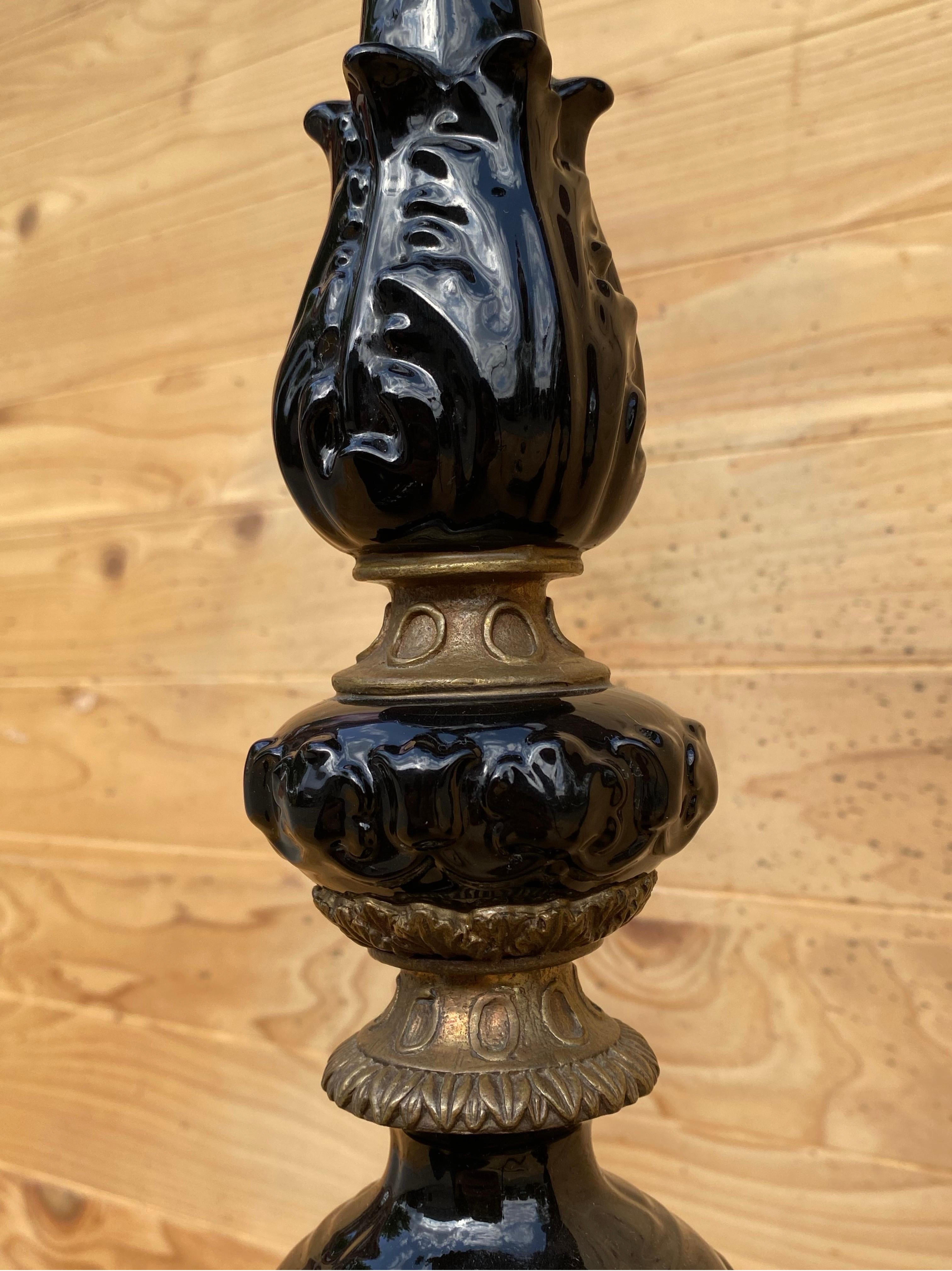 Brass Vintage French Neogothic Altar Torchère Candlestick Set w/ Black Porcelain For Sale