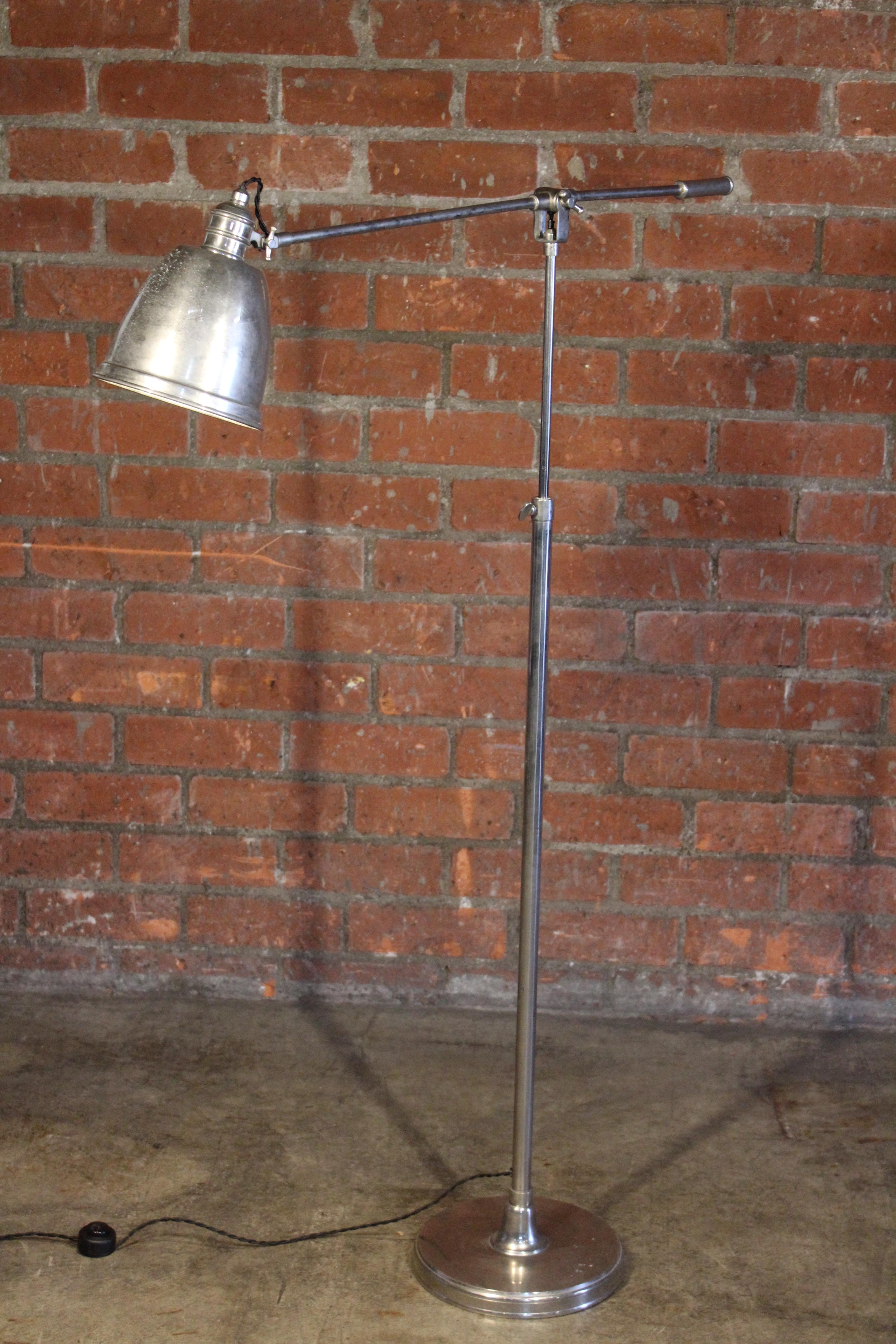 Machine Age Vintage French Nickel Plated Adjustable Reading Floor Lamp, 1940s