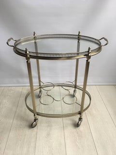 Vintage French Nickel/Brass Oval Drinks Trolley/Bar Cart