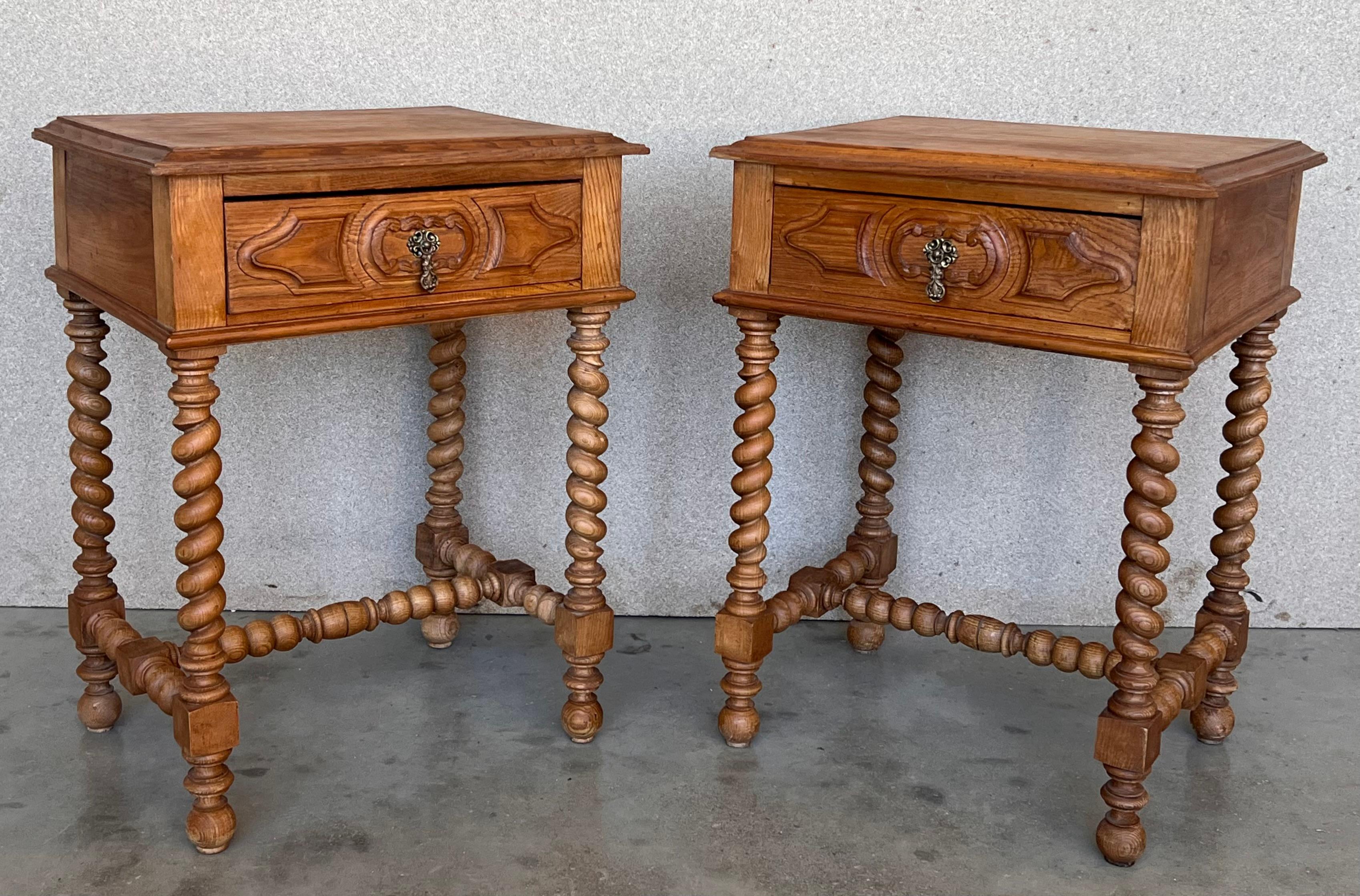 Spanish Vintage French Nightstands in Solid Carved Oak with Turned Columns, Set of 2