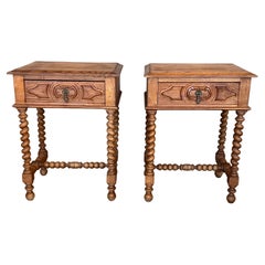 Vintage French Nightstands in Solid Carved Oak with Turned Columns, Set of 2