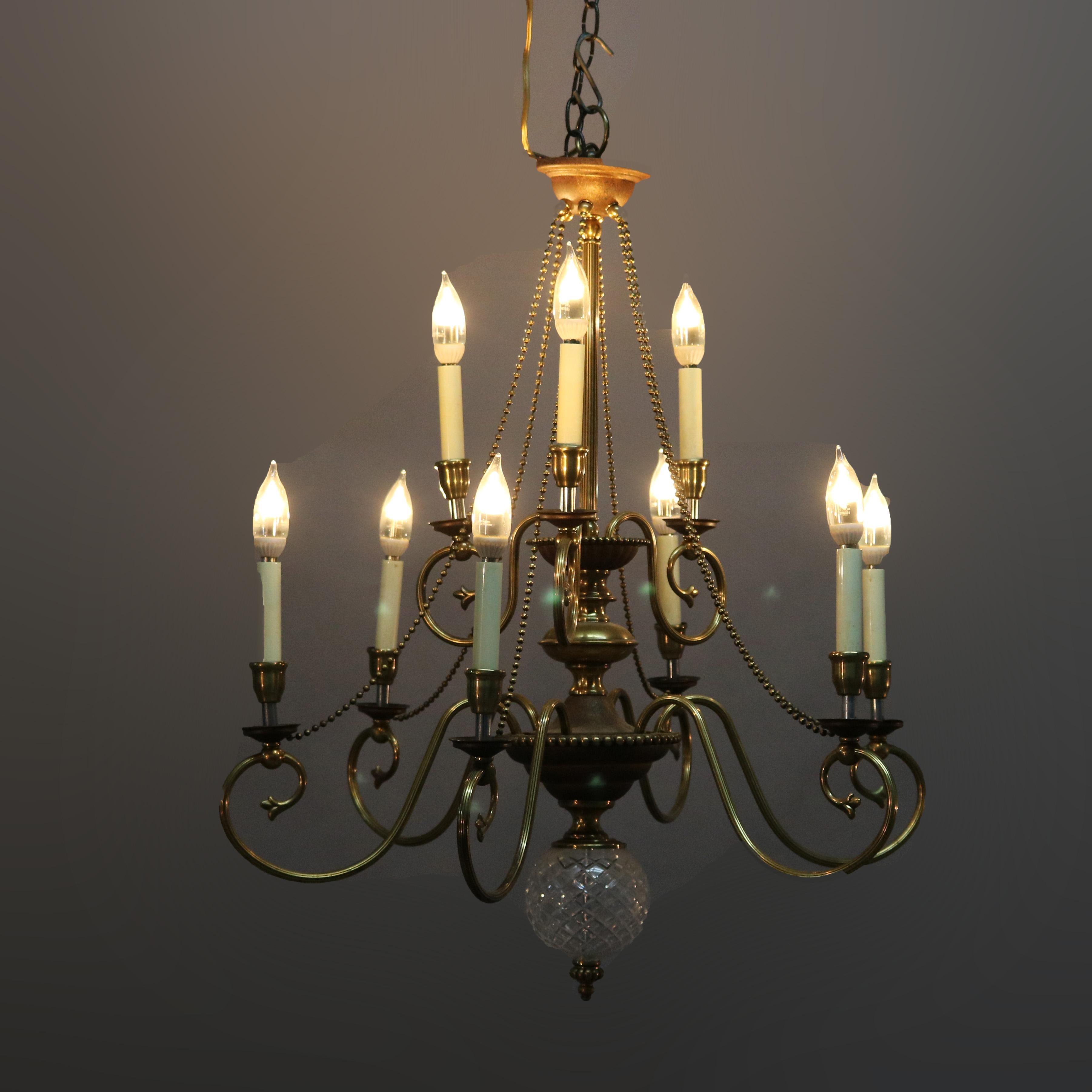 Vintage French Nine-Light Tiered Brass and Crystal Chandelier, 20th Century In Good Condition For Sale In Big Flats, NY