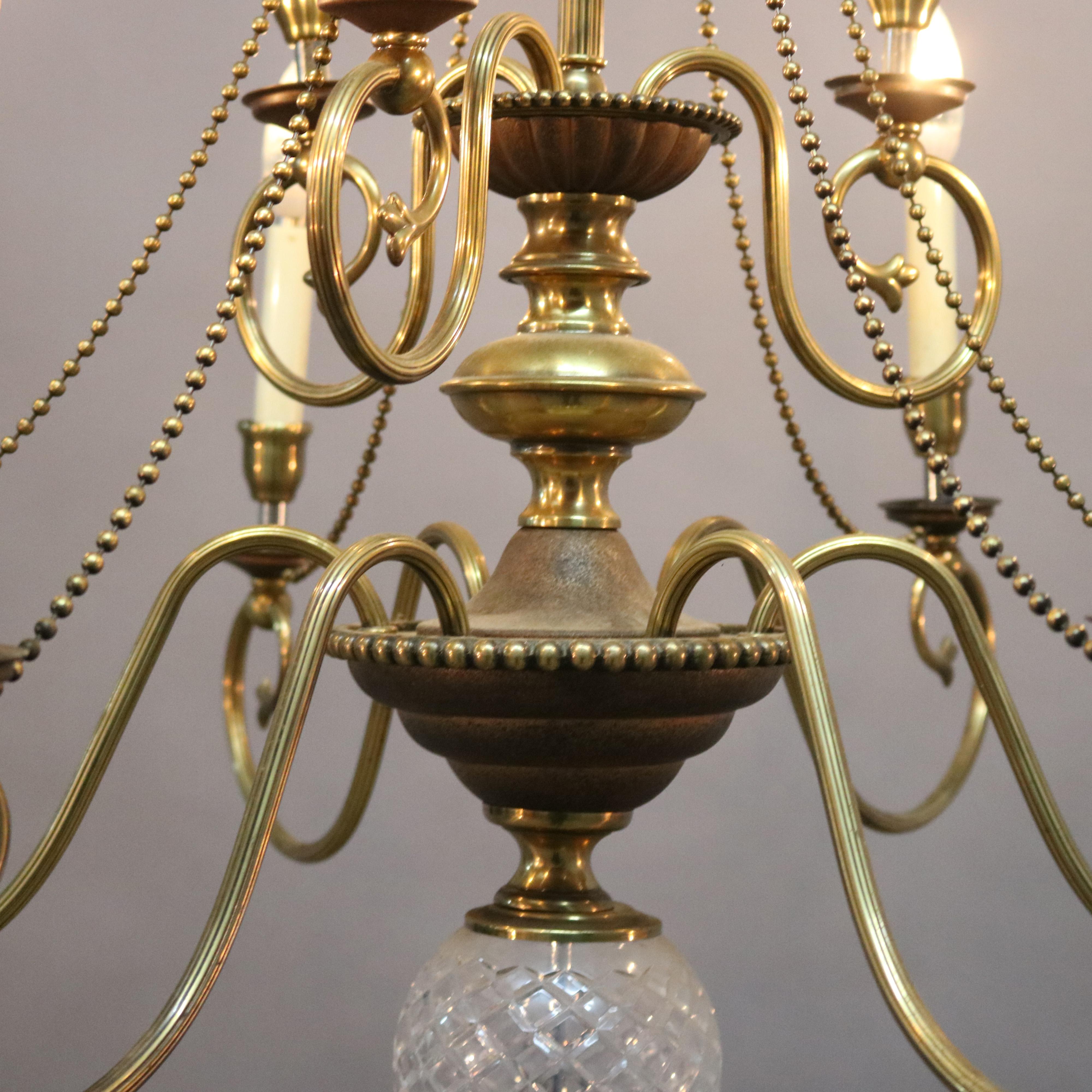 Vintage French Nine-Light Tiered Brass and Crystal Chandelier, 20th Century For Sale 1