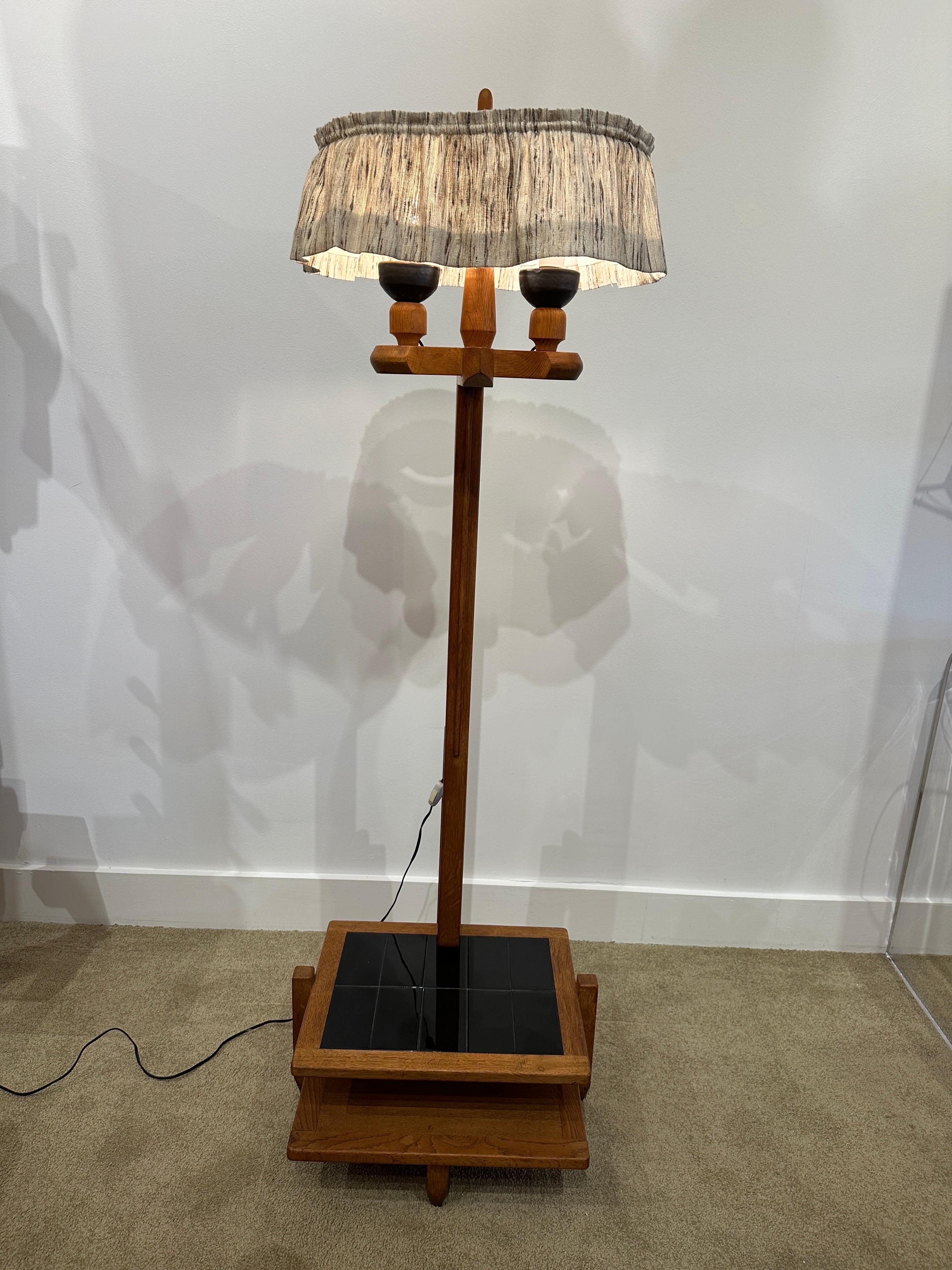 Vintage French Oak and Ceramic Guillerme et Chambron Floor Lamp For Sale 2