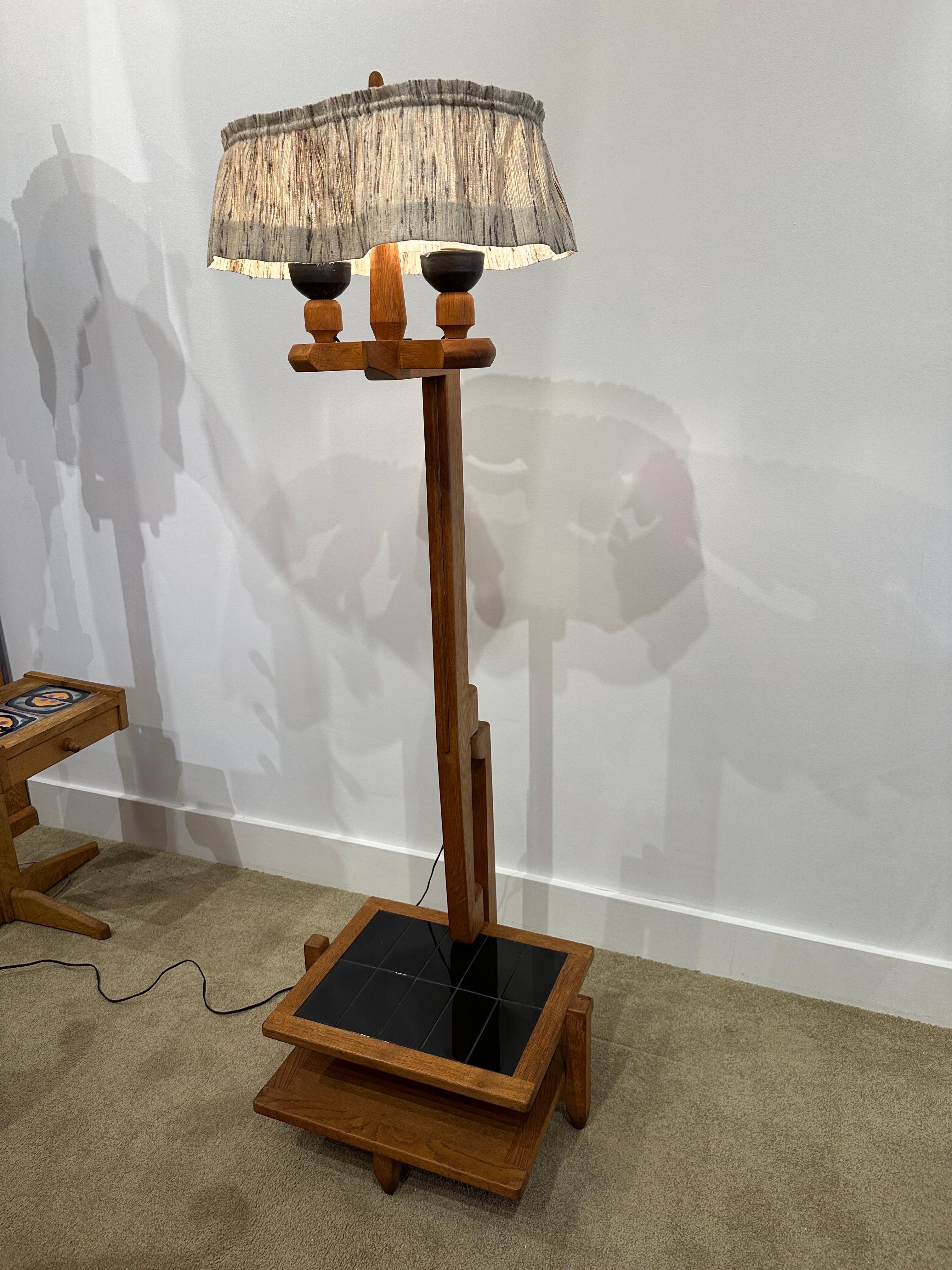 French Provincial Vintage French Oak and Ceramic Guillerme et Chambron Floor Lamp