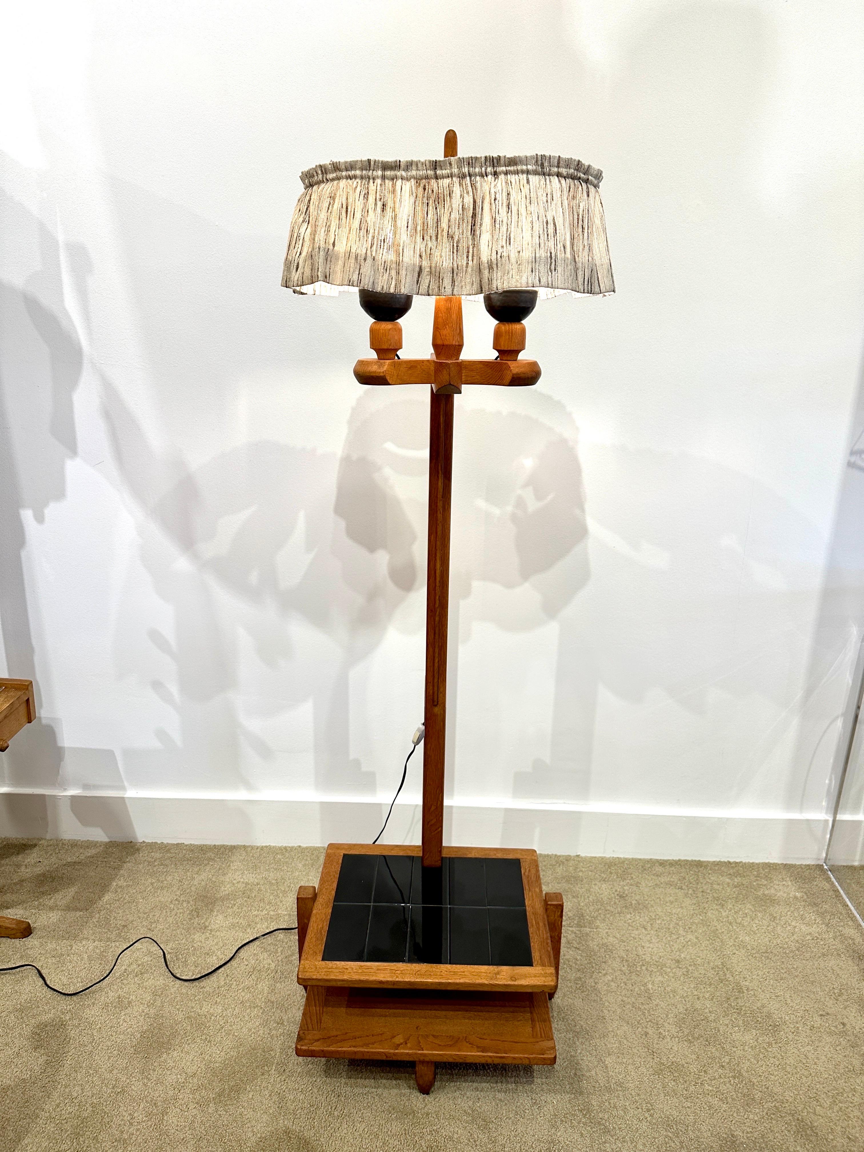 Mid-20th Century Vintage French Oak and Ceramic Guillerme et Chambron Floor Lamp For Sale