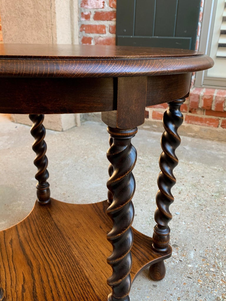 Vintage French Oak Barley Twist Round Side Table TwoTier Accent Table