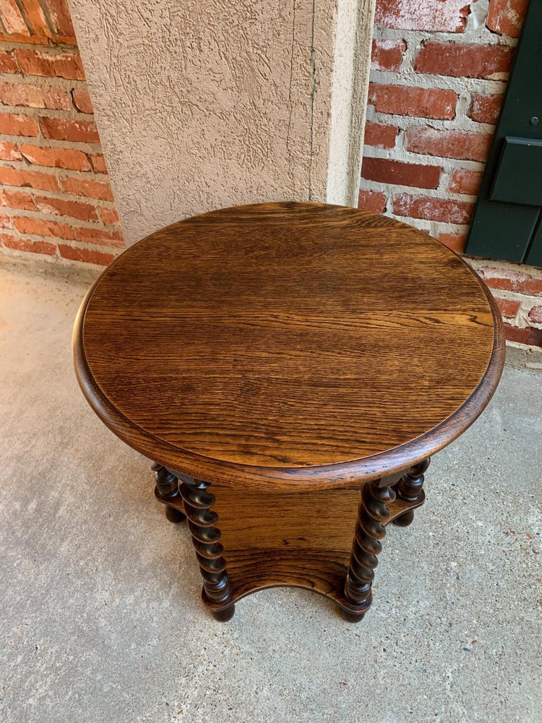 Vintage French Oak Barley Twist Round Side Table TwoTier Accent Table