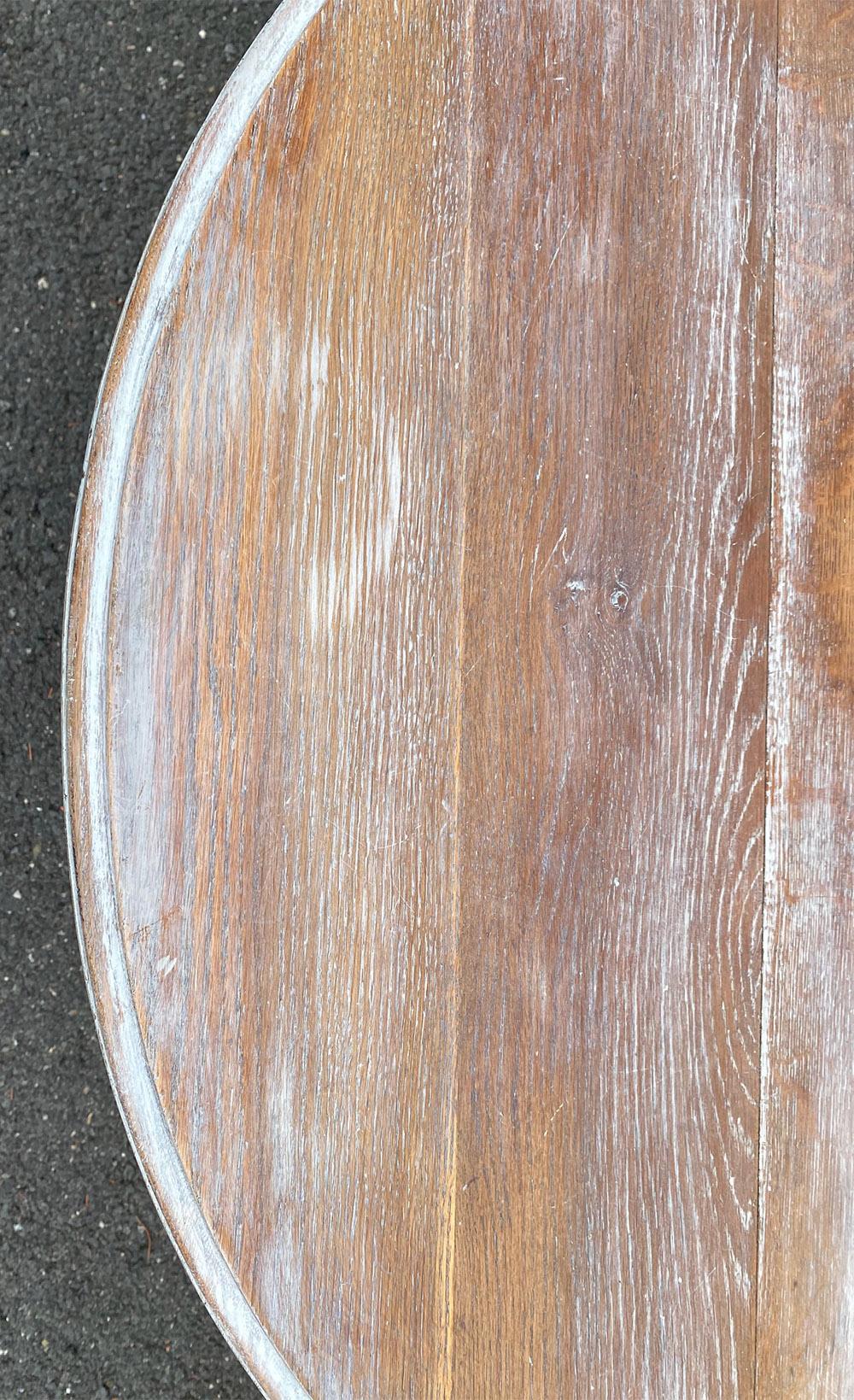 Custom made vintage French oak demi-table that you must anchor to your wall. It was made from a round dining table that I cut in half to create a demi-table. It has also been washed in a light grey and distressed to reveal the original oak.