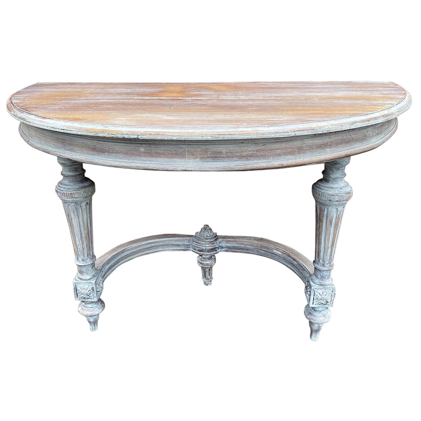 Vintage French Oak Demi Table in Grey Wash For Sale