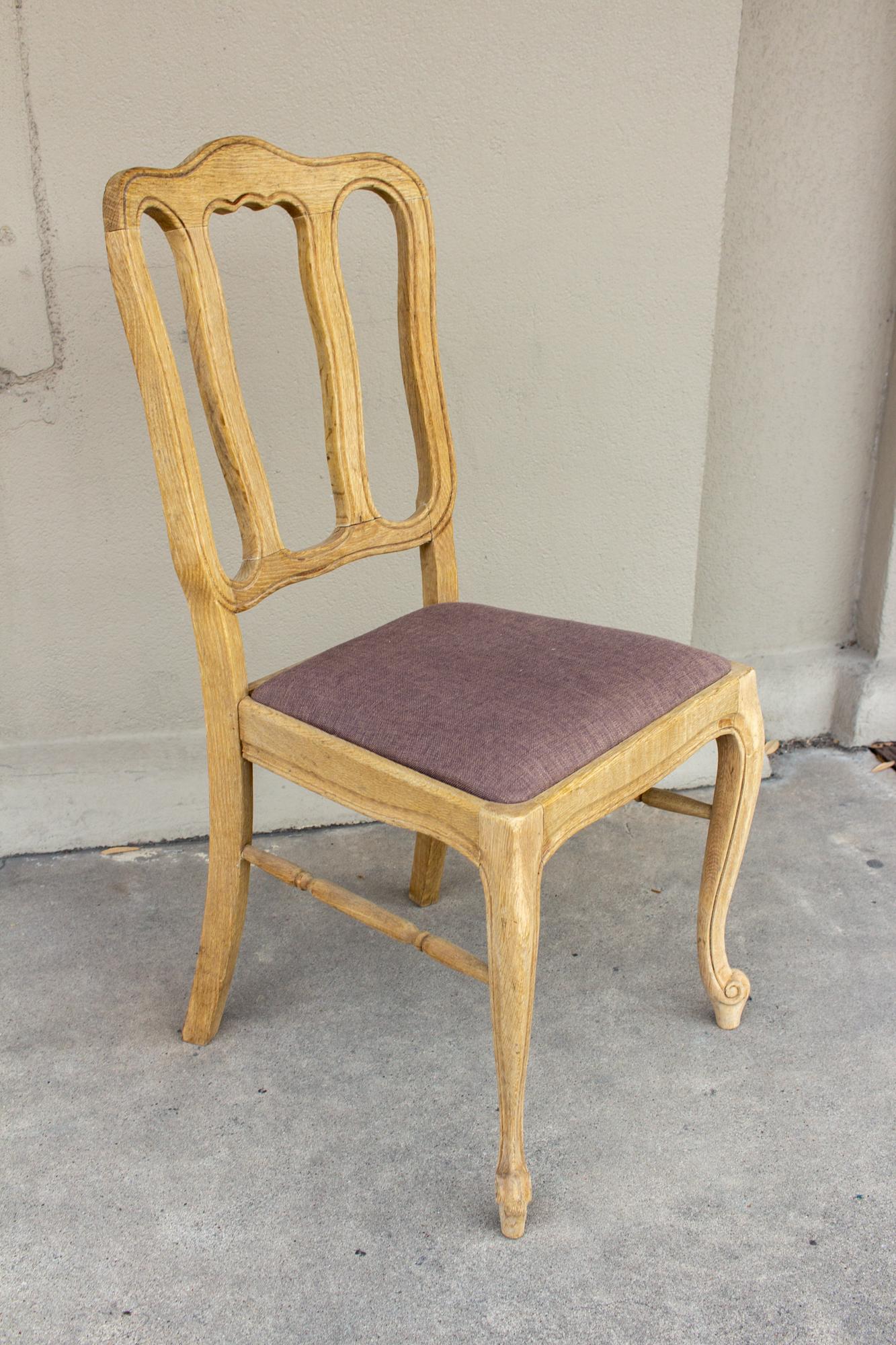 Vintage French Oak Dining Chairs with Linen Seats 8