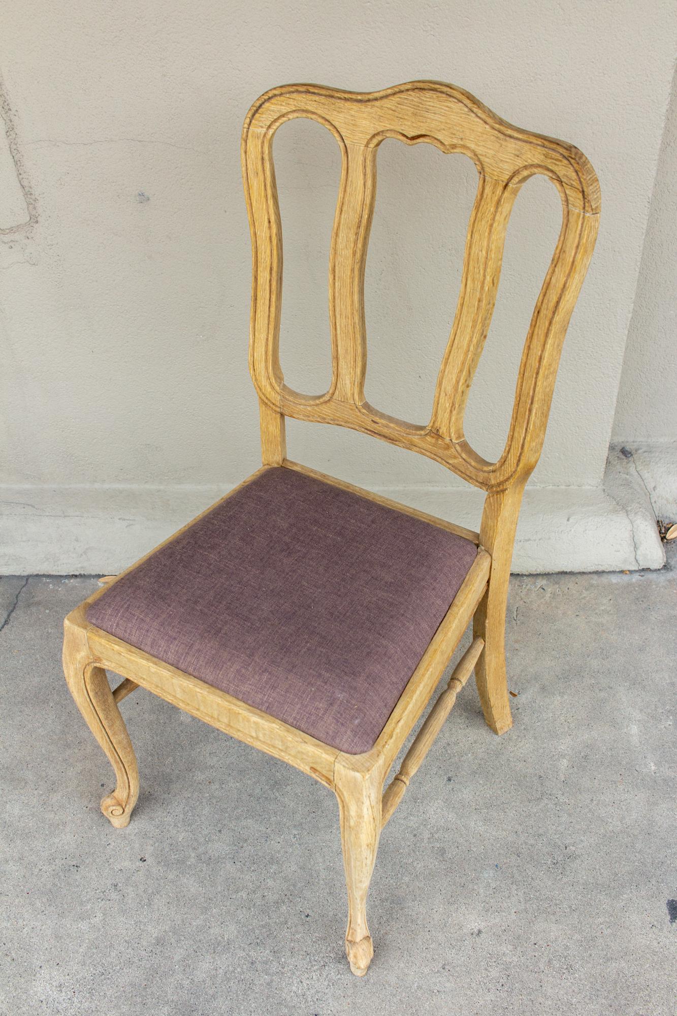 Vintage French Oak Dining Chairs with Linen Seats In Good Condition In Houston, TX