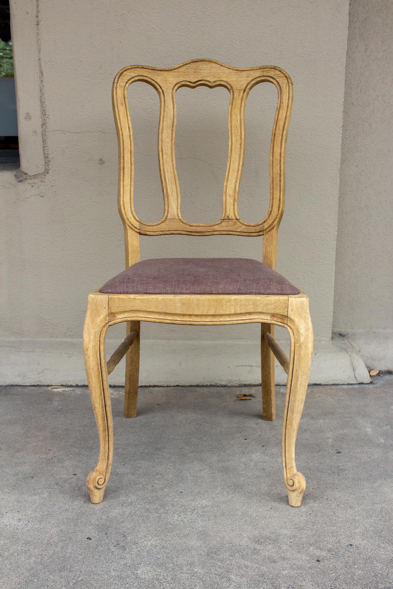Vintage French Oak Dining Chairs with Linen Seats 3