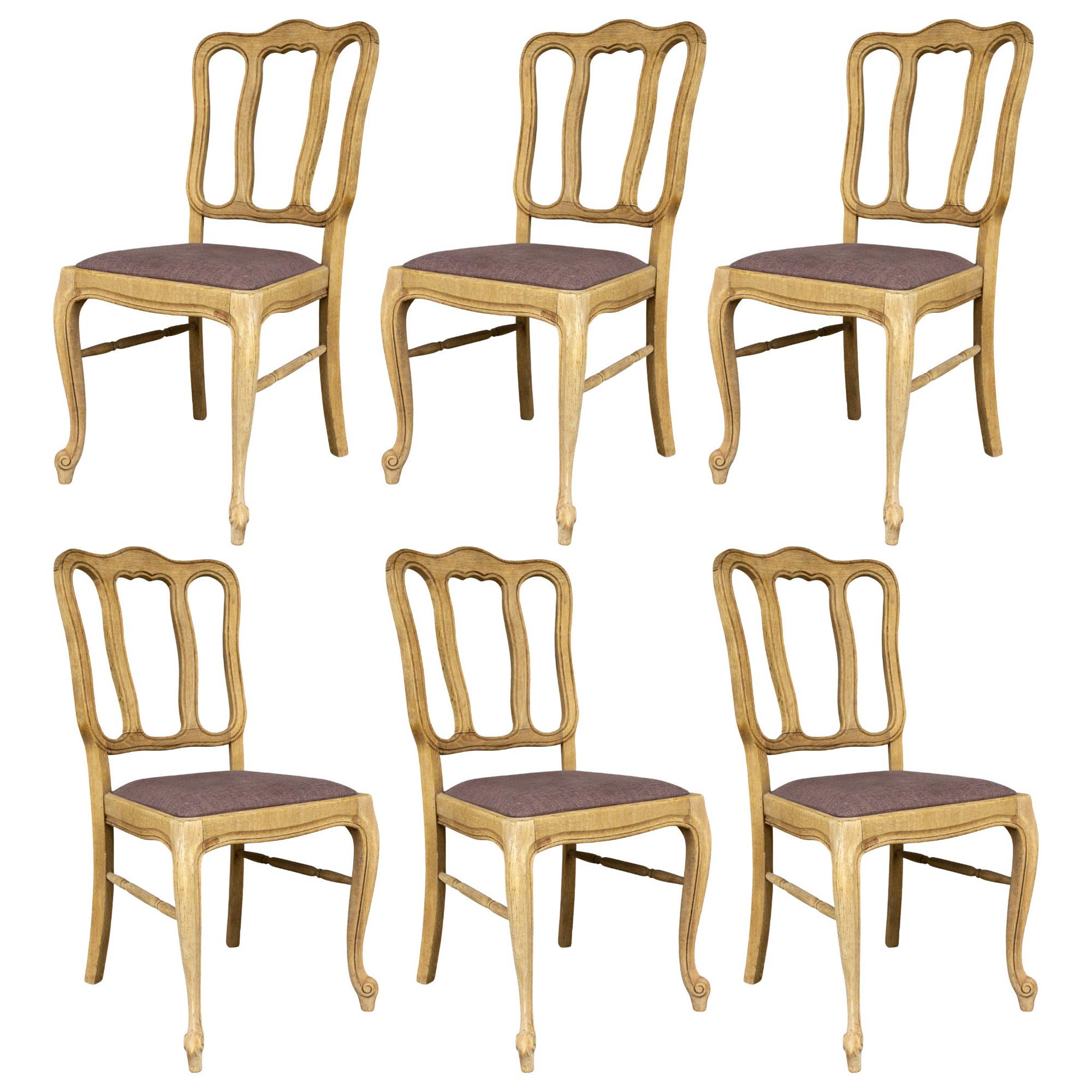 Vintage French Oak Dining Chairs with Linen Seats